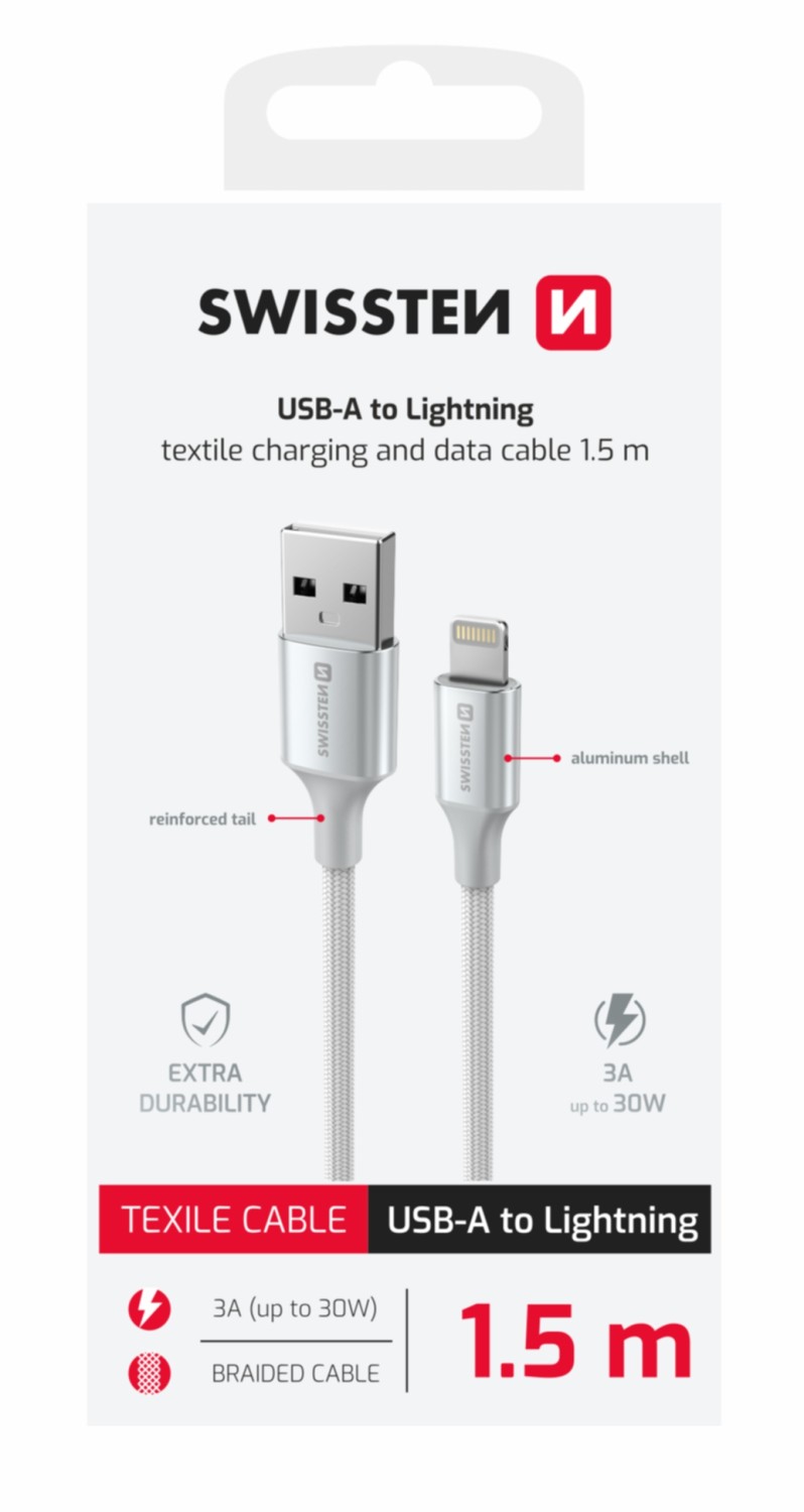 Swissten Textile II USB/Lightning, 1,5m bílá