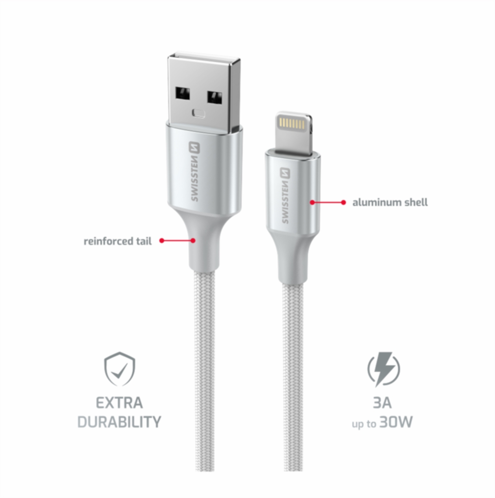 Swissten Textile II USB/Lightning, 1,5m bílá