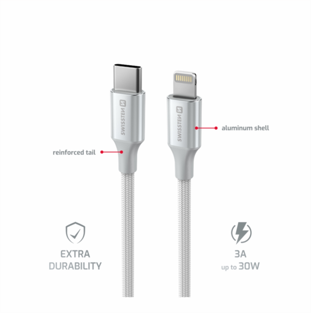 Swissten Textile II USB-C / Lightning, 1,5m bílá