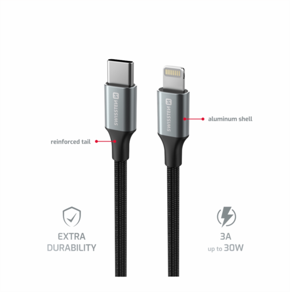 Swissten Textile II USB-C/Lightning, 1,5m černá