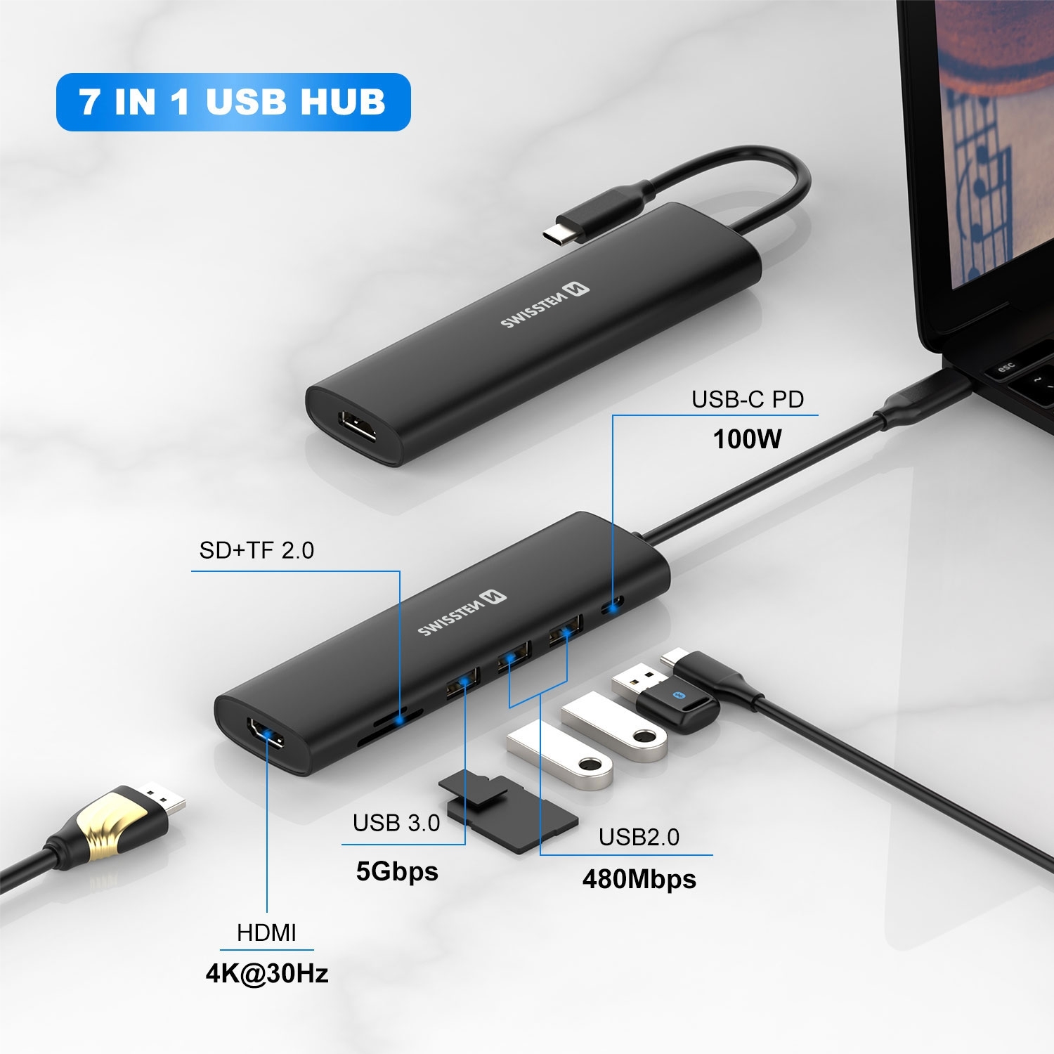 Swissten USB-C hub 7-in-1 100W (USB-C HDMI 4K, 1x USB-A 3.0, 2x USB-A 2.0, microSD / SD) Aluminium