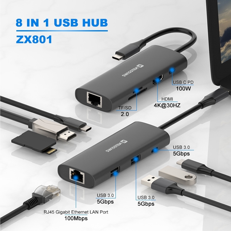 Swissten USB-C hub 8-in1 100W (USB-C, HDMI 4K, LAN RJ45, 2x USB-A, 1x USB-C 5GBps, microSD / SD) Aluminium