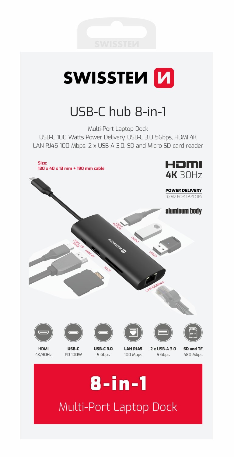 Swissten USB-C hub 8-in1 100W (USB-C, HDMI 4K, LAN RJ45, 2x USB-A, 1x USB-C 5GBps, microSD / SD) Aluminium