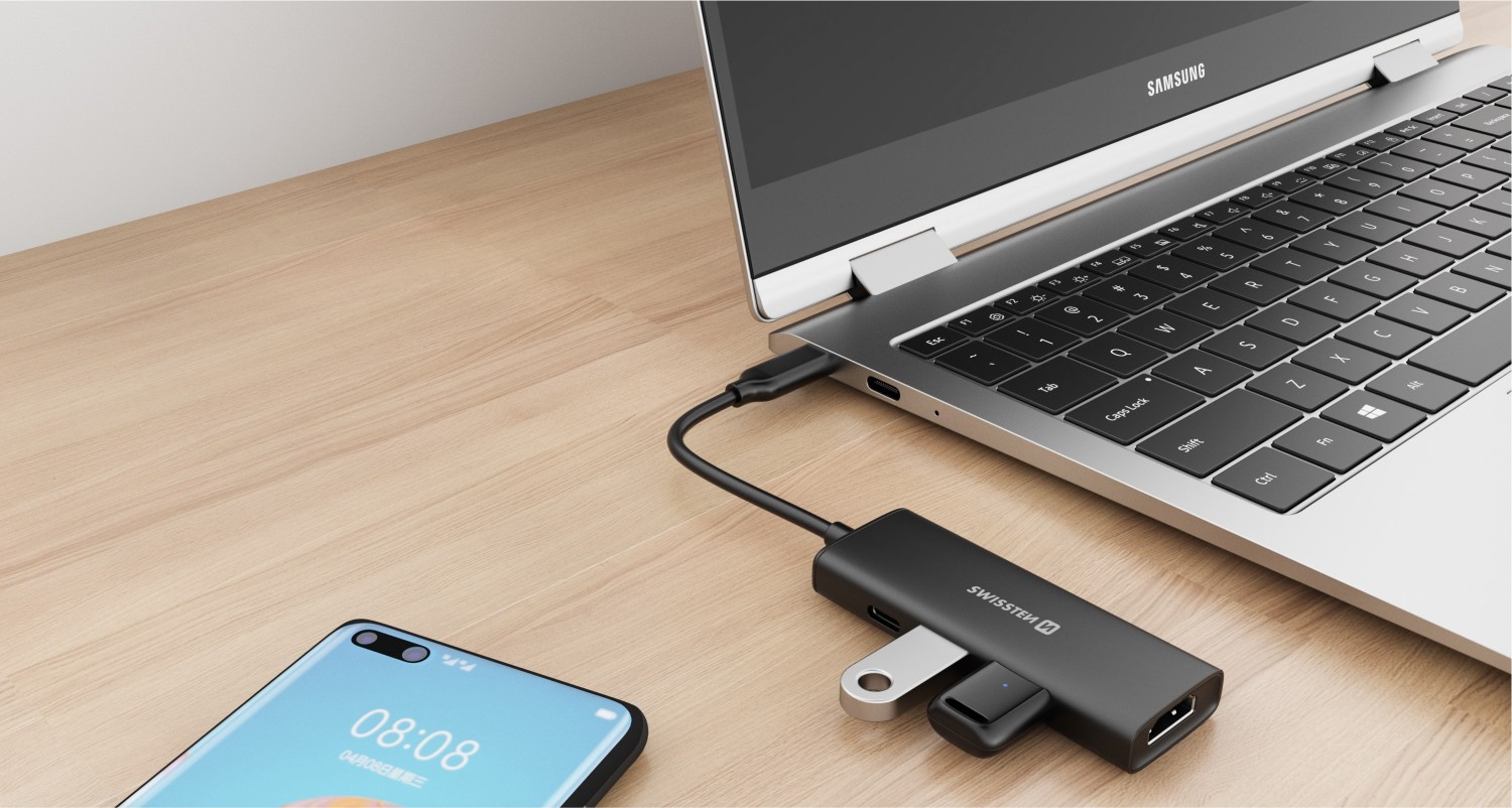 Swissten USB-C hub 4-in-1 100W (USB-C, HDMI 4K, 2x USB-A) Aluminium