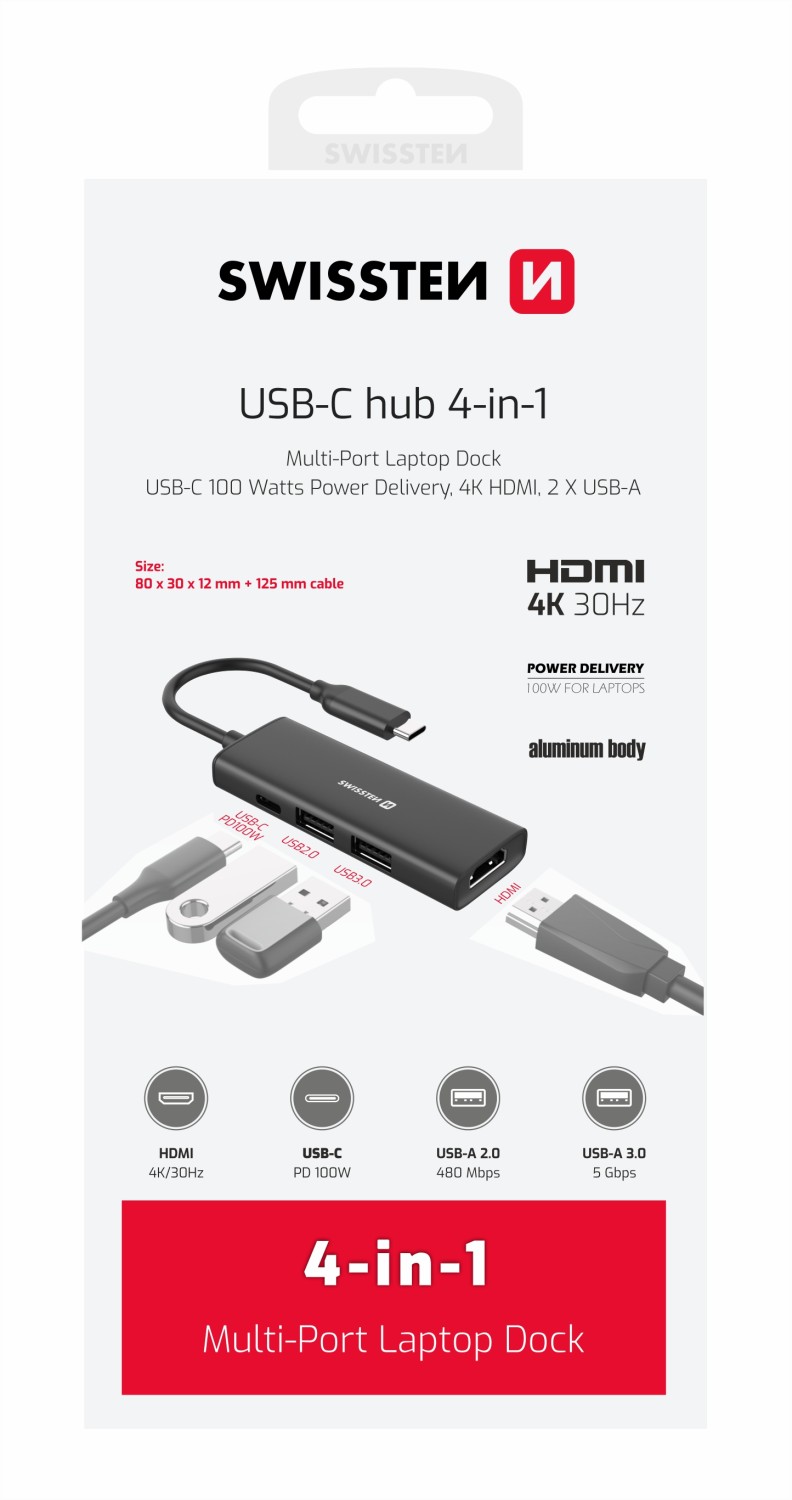 Swissten USB-C hub 4-in-1 100W (USB-C, HDMI 4K, 2x USB-A) Aluminium