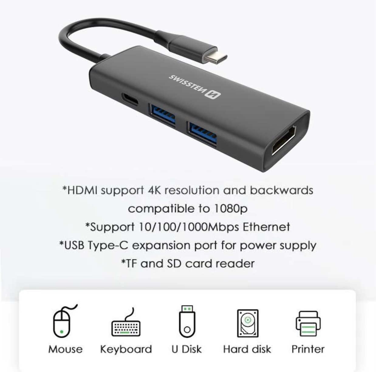 Swissten USB-C hub 4-in-1 100W (USB-C, HDMI 4K, 2x USB-A) Aluminium