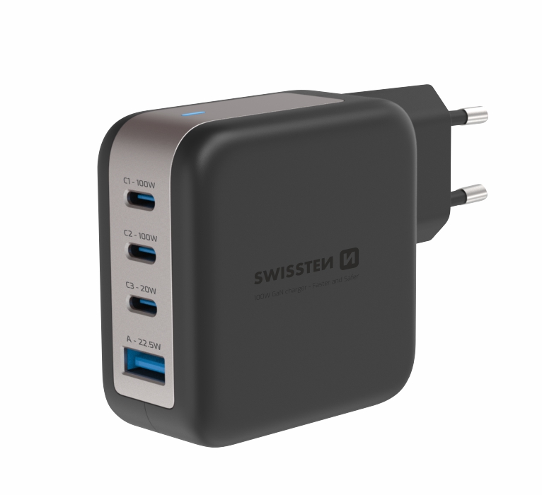 Swissten GaN 3x USB-C 100W PD + 1x USB-A 18W QC černá