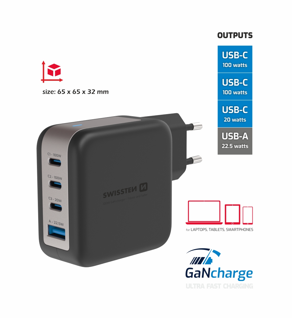 Swissten GaN 3x USB-C 100W PD + 1x USB-A 18W QC černá