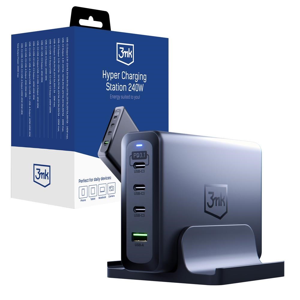 Nabíjecí stanice 3mk Hyper Charging Station, 240 W, GaN, 3x USB-C + 1x USB-A