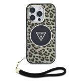 Guess IML Leopard Triangle Logo Strap MagSafe Zadní Kryt pro iPhone 16 Pro Max Brown