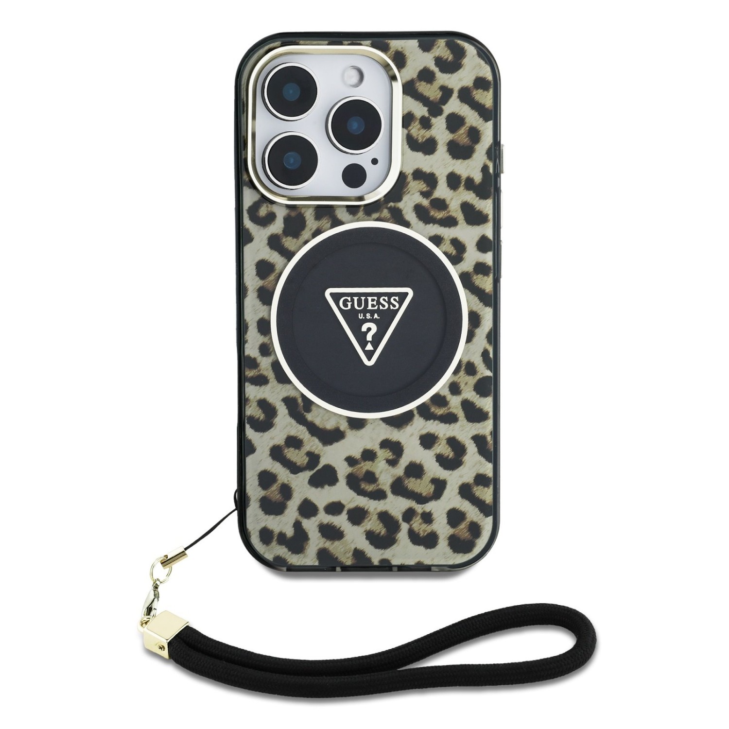 Guess IML Leopard Triangle Logo Strap MagSafe Zadní Kryt pro iPhone 16 Pro Max Brown