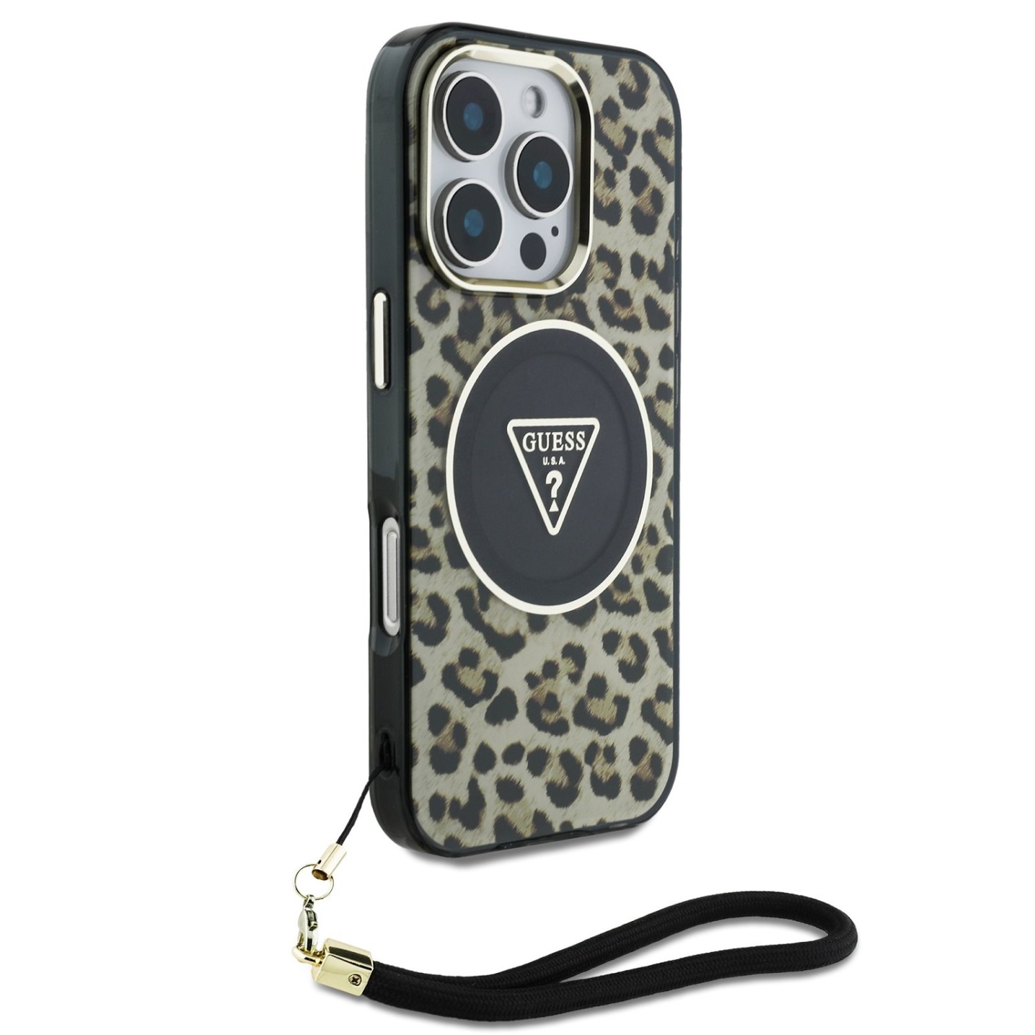 Guess IML Leopard Triangle Logo Strap MagSafe Zadní Kryt pro iPhone 16 Pro Max Brown