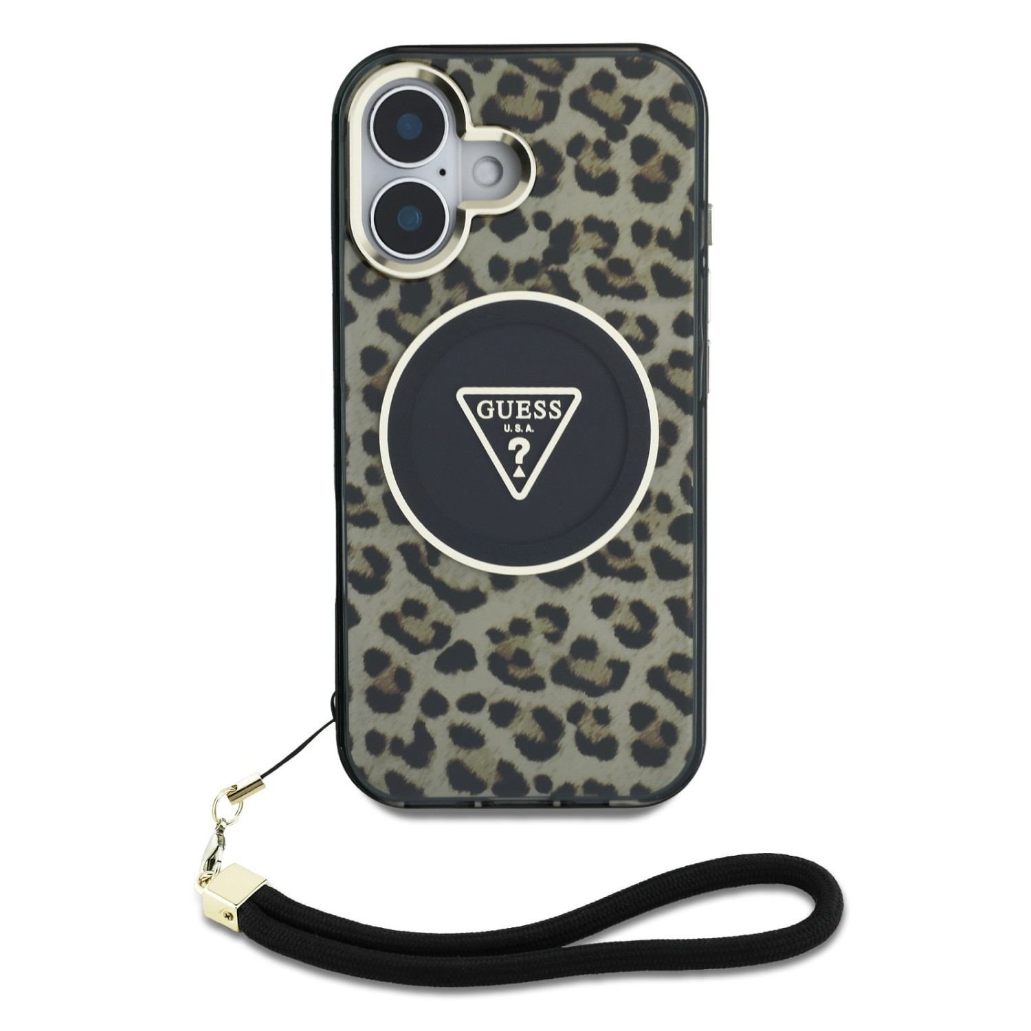 Guess IML Leopard Triangle Logo Strap MagSafe Zadní Kryt pro iPhone 16 Brown