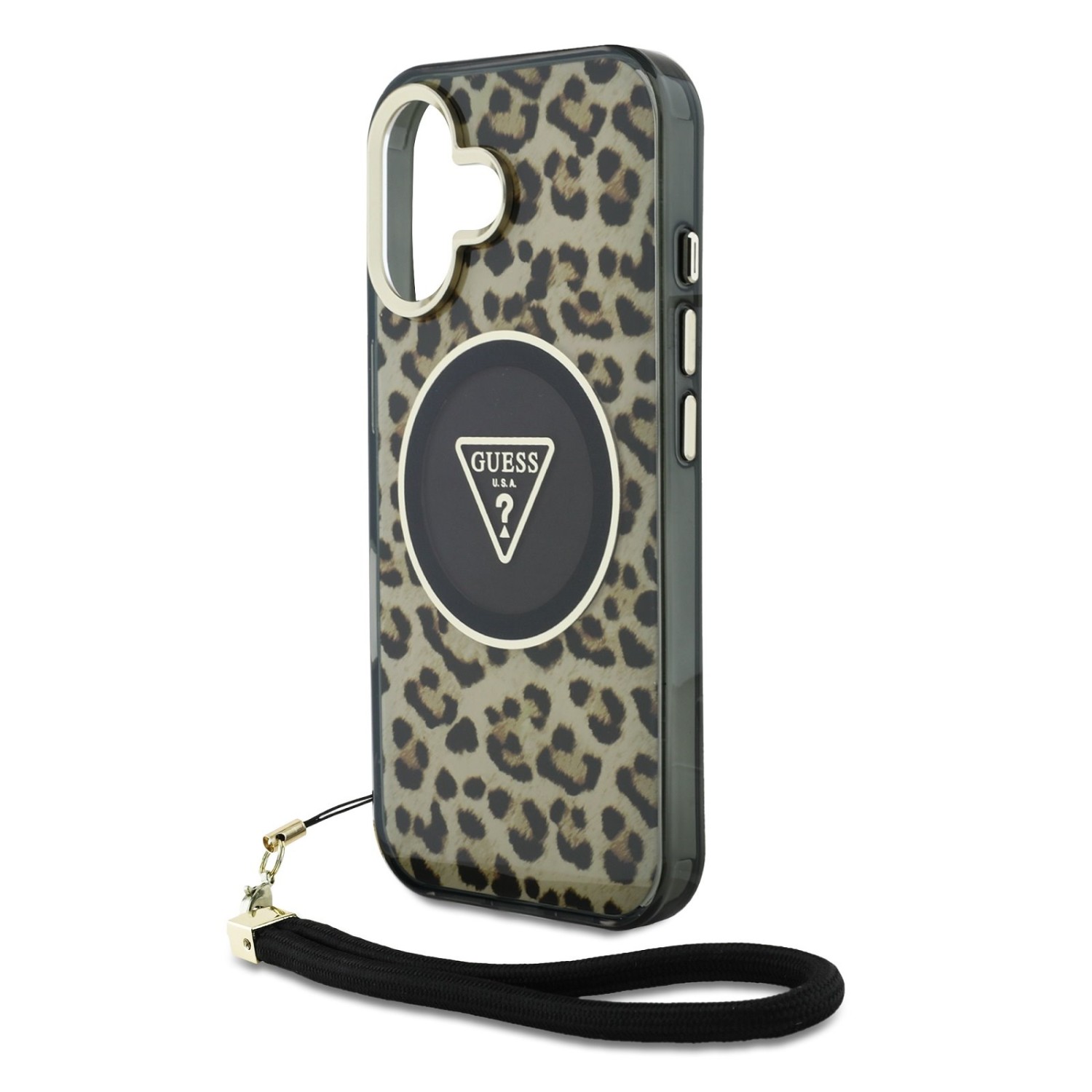 Guess IML Leopard Triangle Logo Strap MagSafe Zadní Kryt pro iPhone 16 Brown