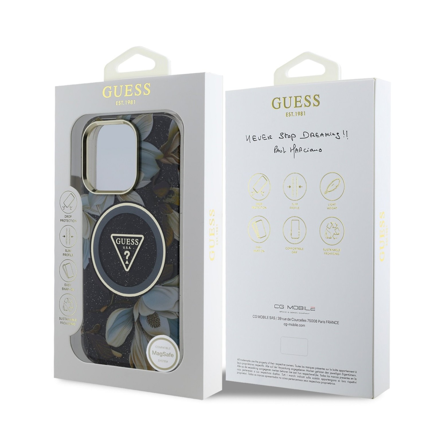 Guess IML Glitter Magnolia and Triangle Logo MagSafe Zadní Kryt pro iPhone 16 Pro Max Black