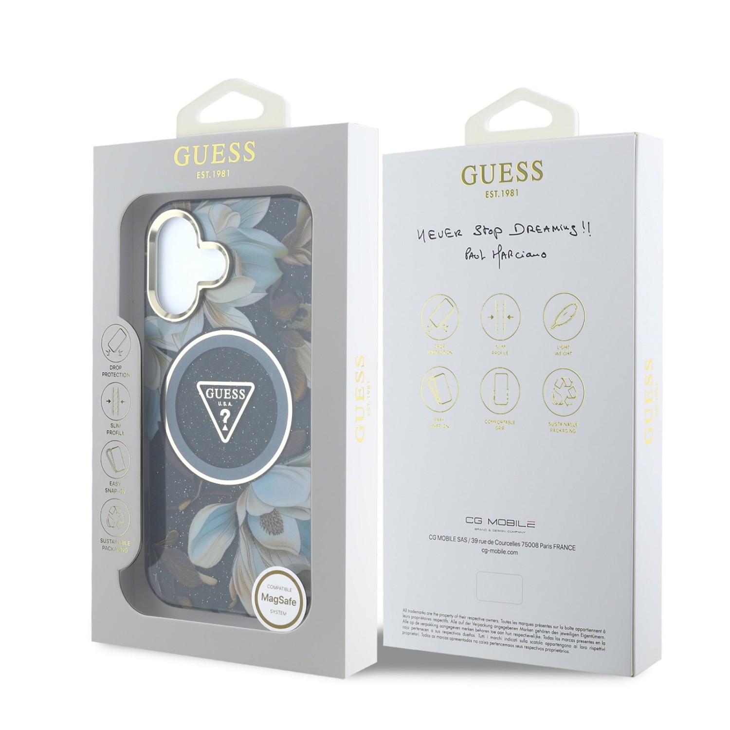 Guess IML Glitter Magnolia and Triangle Logo MagSafe Zadní Kryt pro iPhone 16 Black