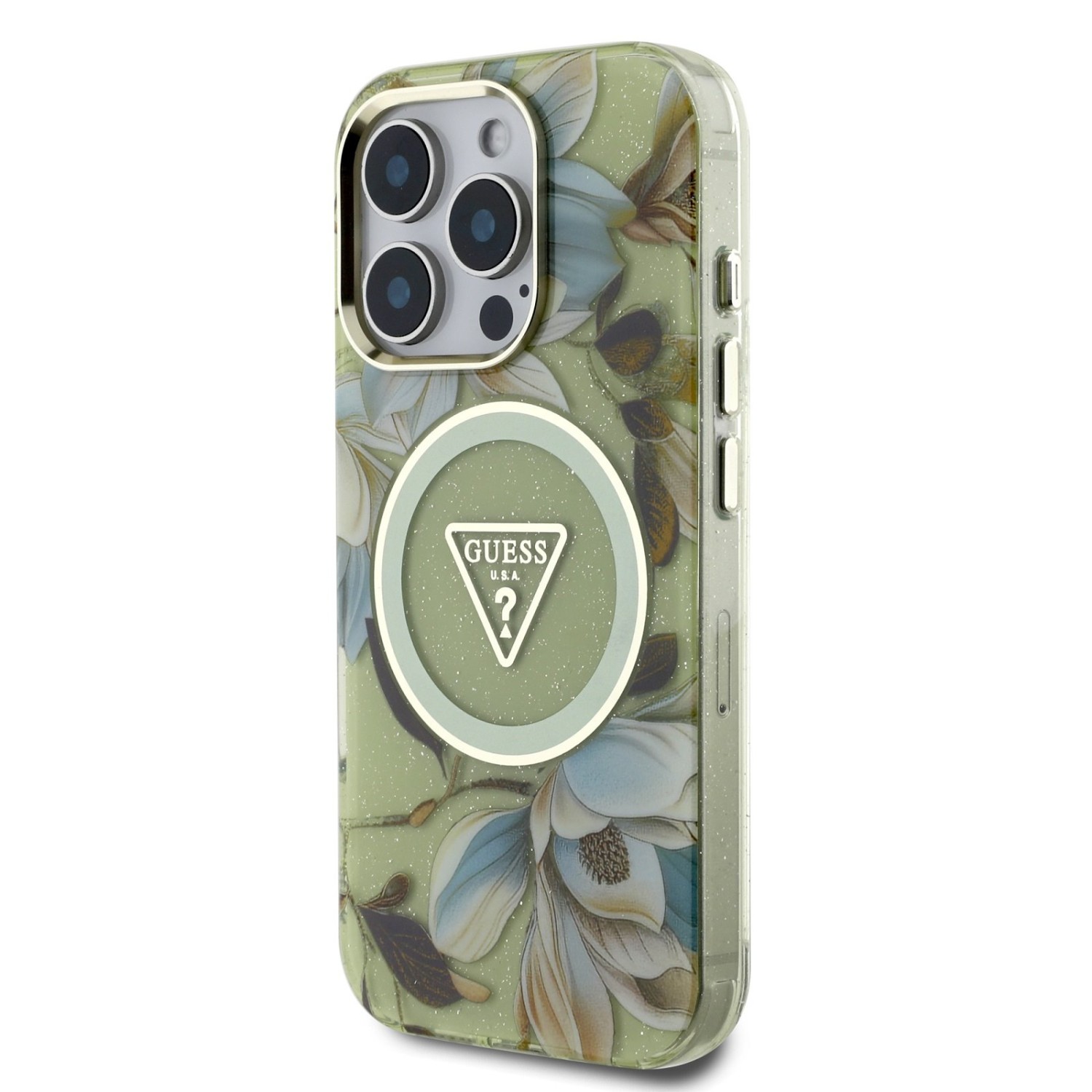 Guess IML Glitter Magnolia and Triangle Logo MagSafe Zadní Kryt pro iPhone 16 Pro Green