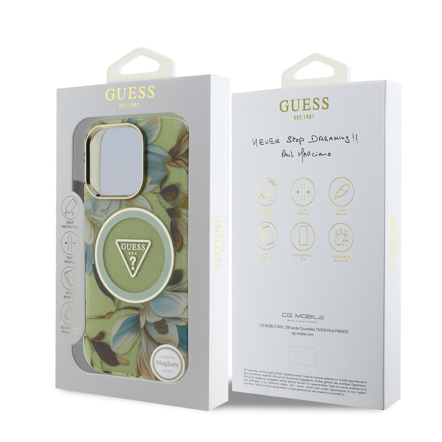 Guess IML Glitter Magnolia and Triangle Logo MagSafe Zadní Kryt pro iPhone 16 Pro Green