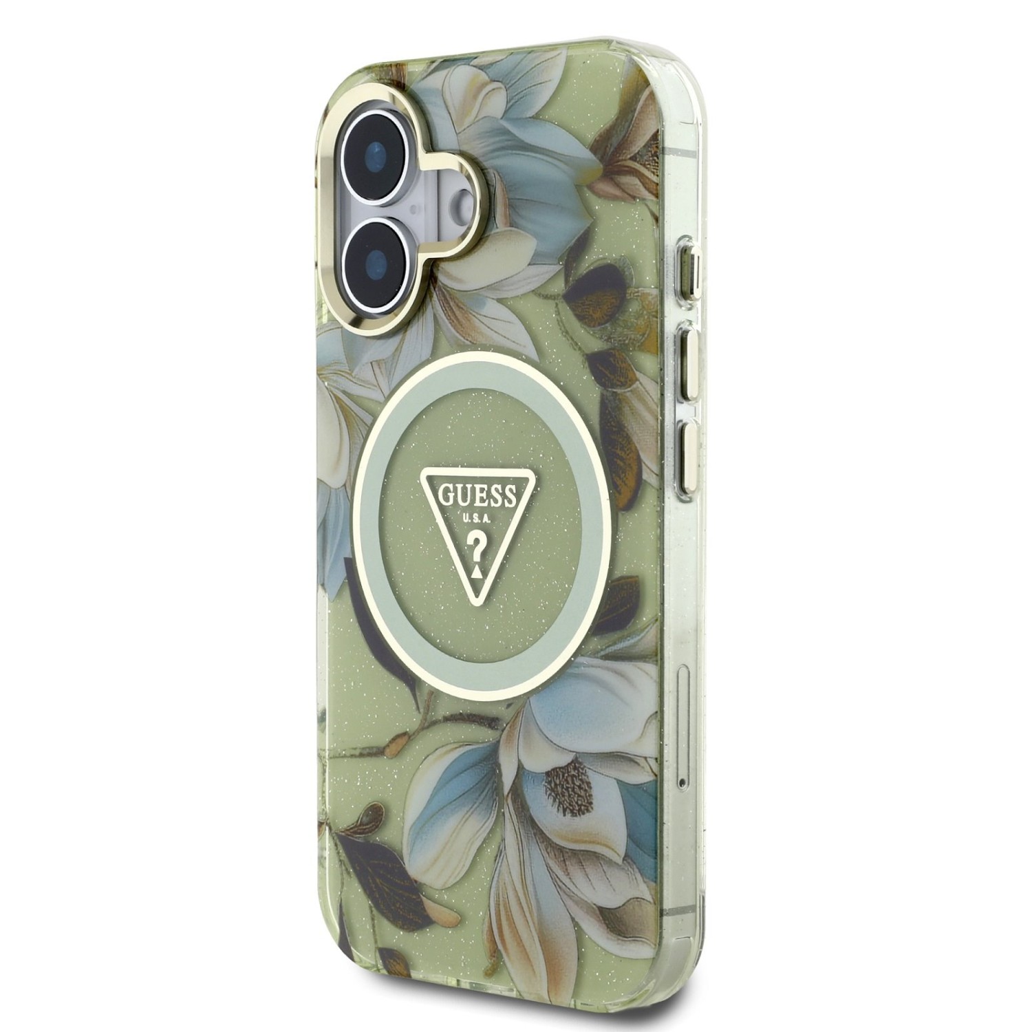 Guess IML Glitter Magnolia and Triangle Logo MagSafe Zadní Kryt pro iPhone 16 Green