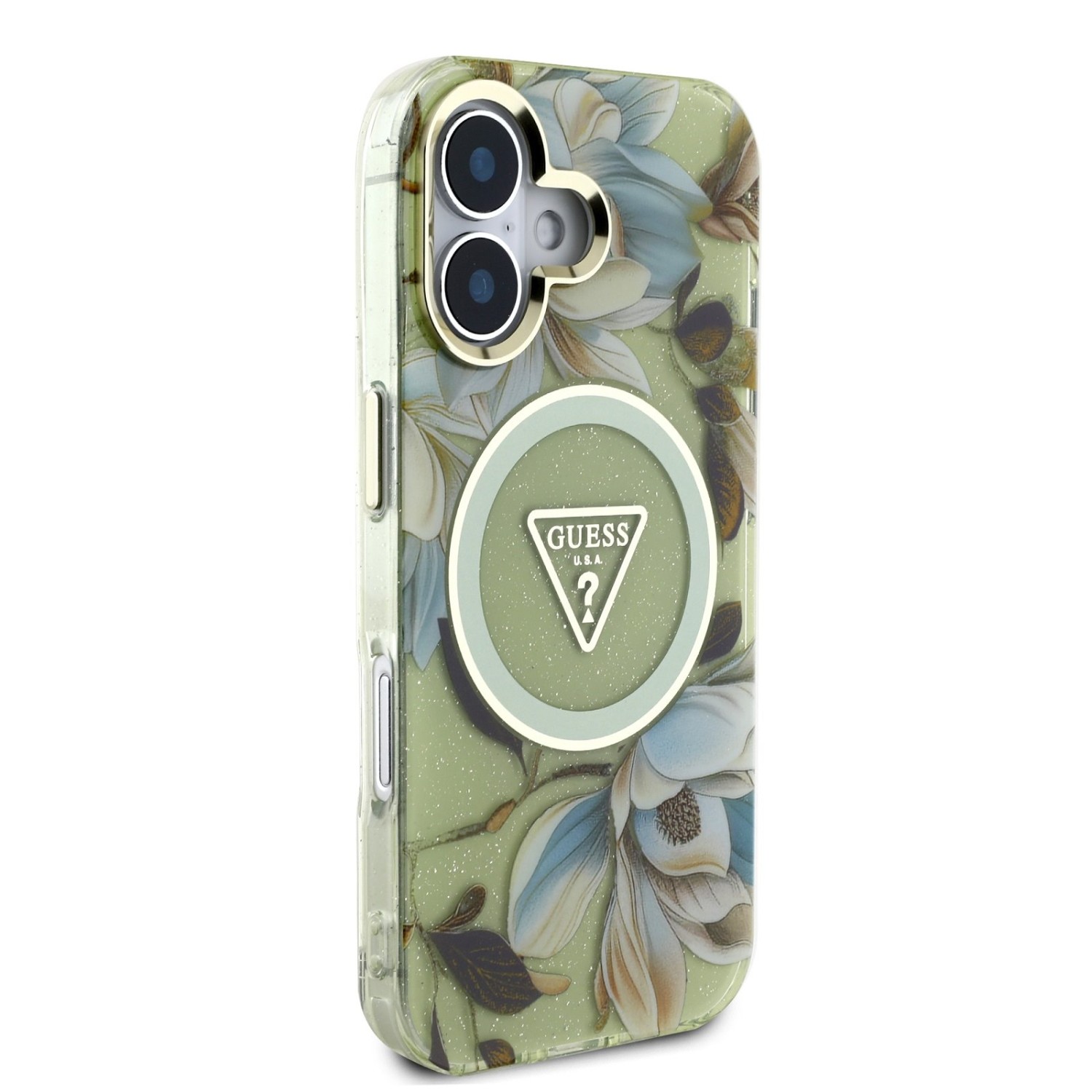 Guess IML Glitter Magnolia and Triangle Logo MagSafe Zadní Kryt pro iPhone 16 Green