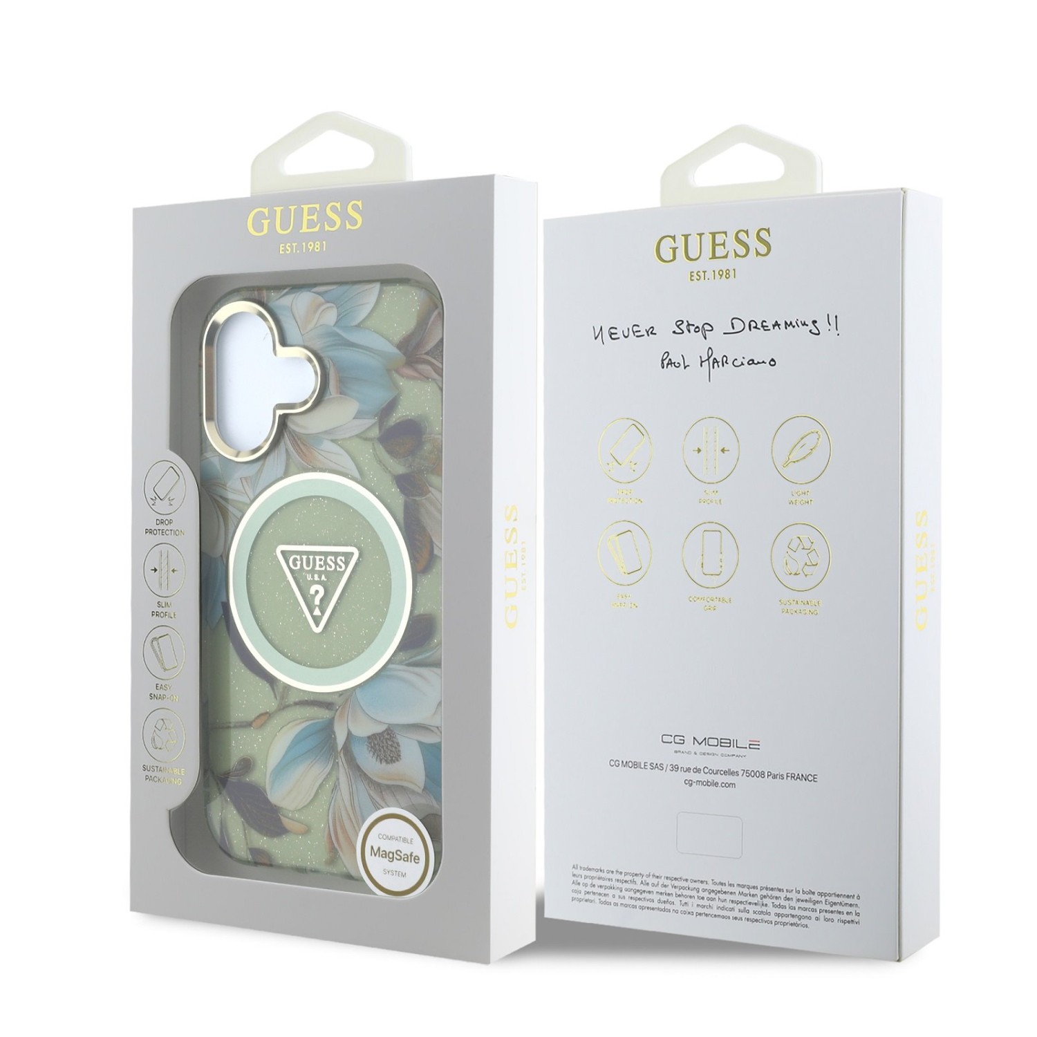 Guess IML Glitter Magnolia and Triangle Logo MagSafe Zadní Kryt pro iPhone 16 Green