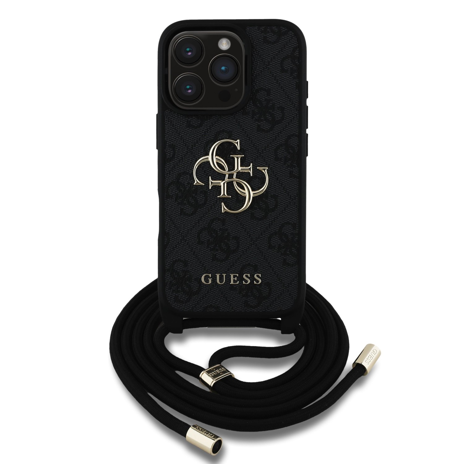 Guess PU 4G Metal Logo Crossbody Popruh Zadní Kryt pro iPhone 16 Pro Max Black