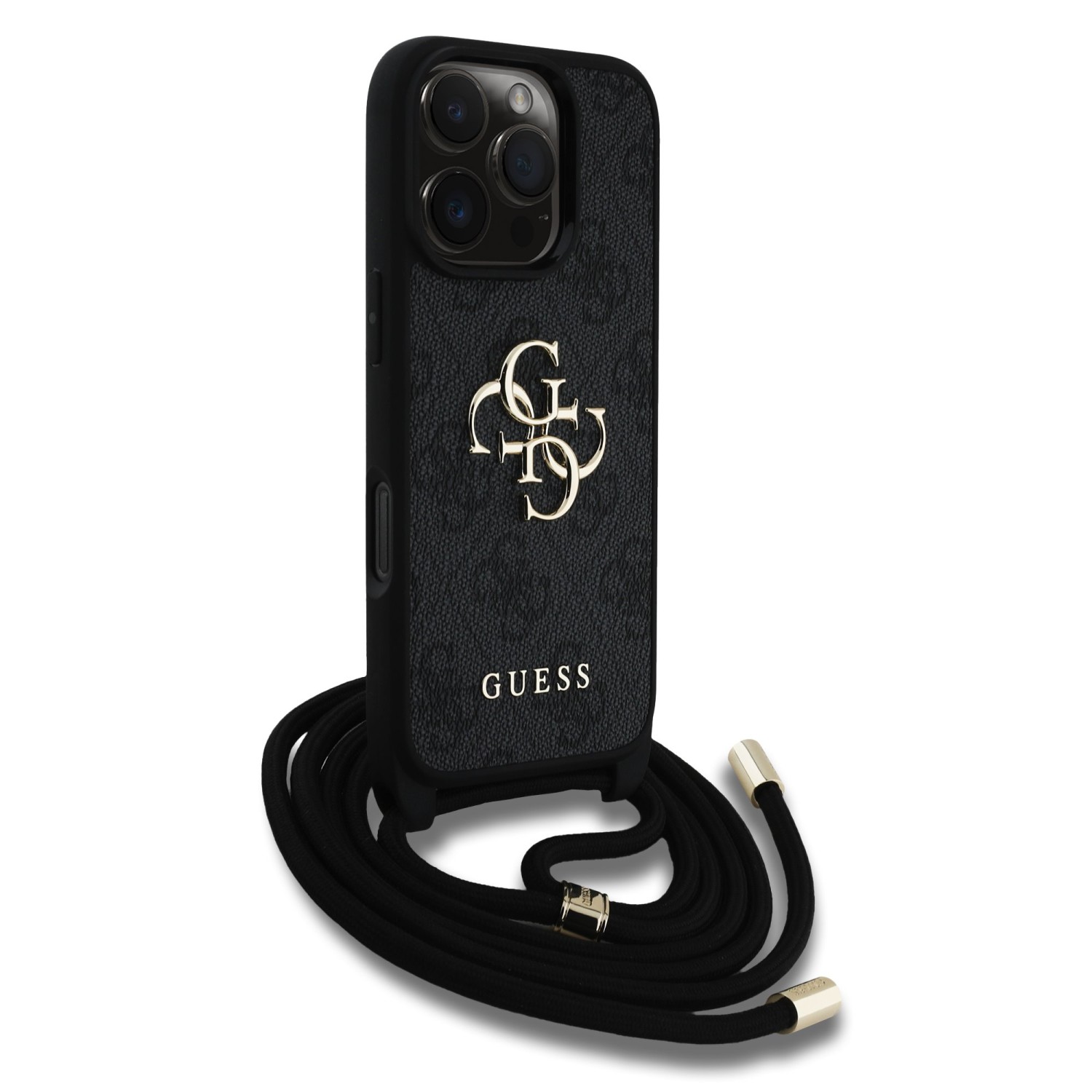 Guess PU 4G Metal Logo Crossbody Popruh Zadní Kryt pro iPhone 16 Pro Max Black