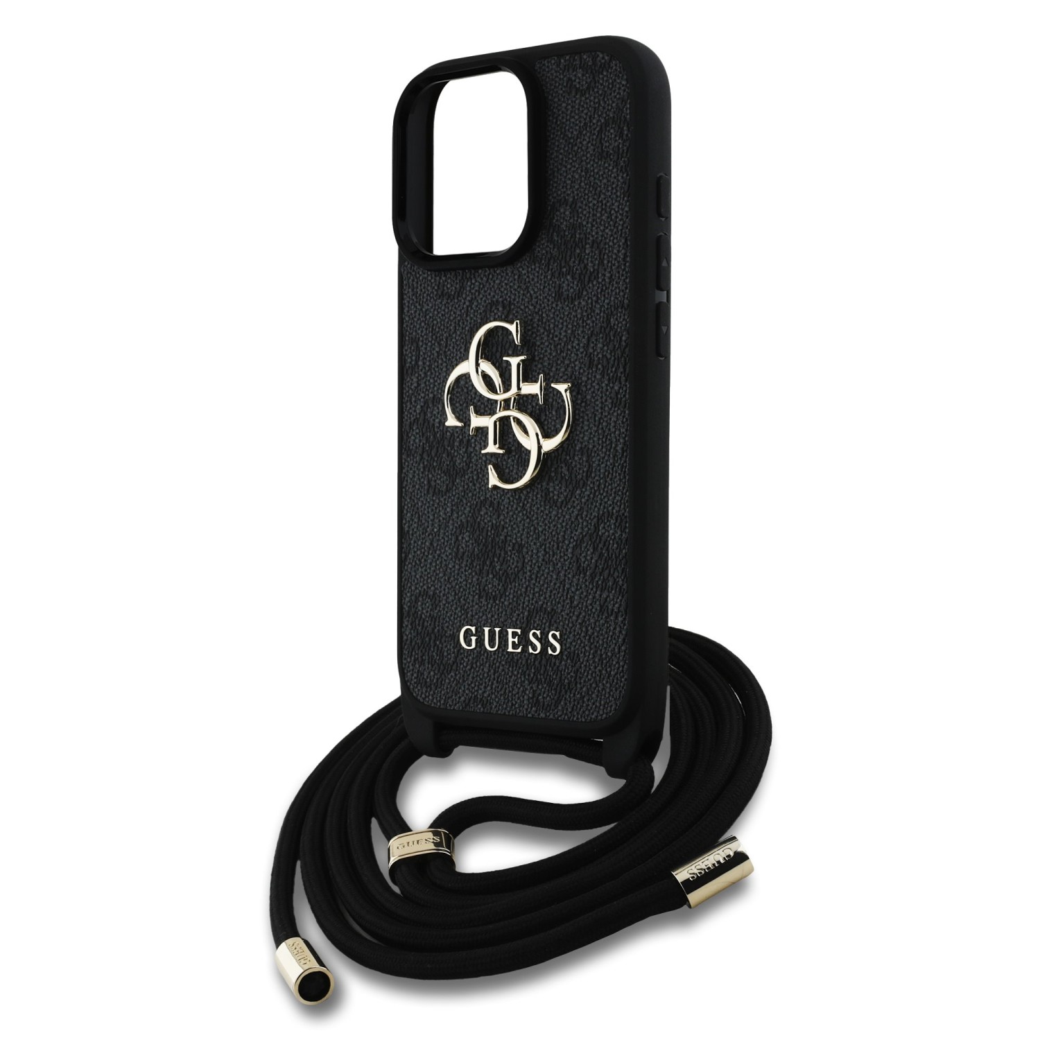 Guess PU 4G Metal Logo Crossbody Popruh Zadní Kryt pro iPhone 16 Pro Max Black