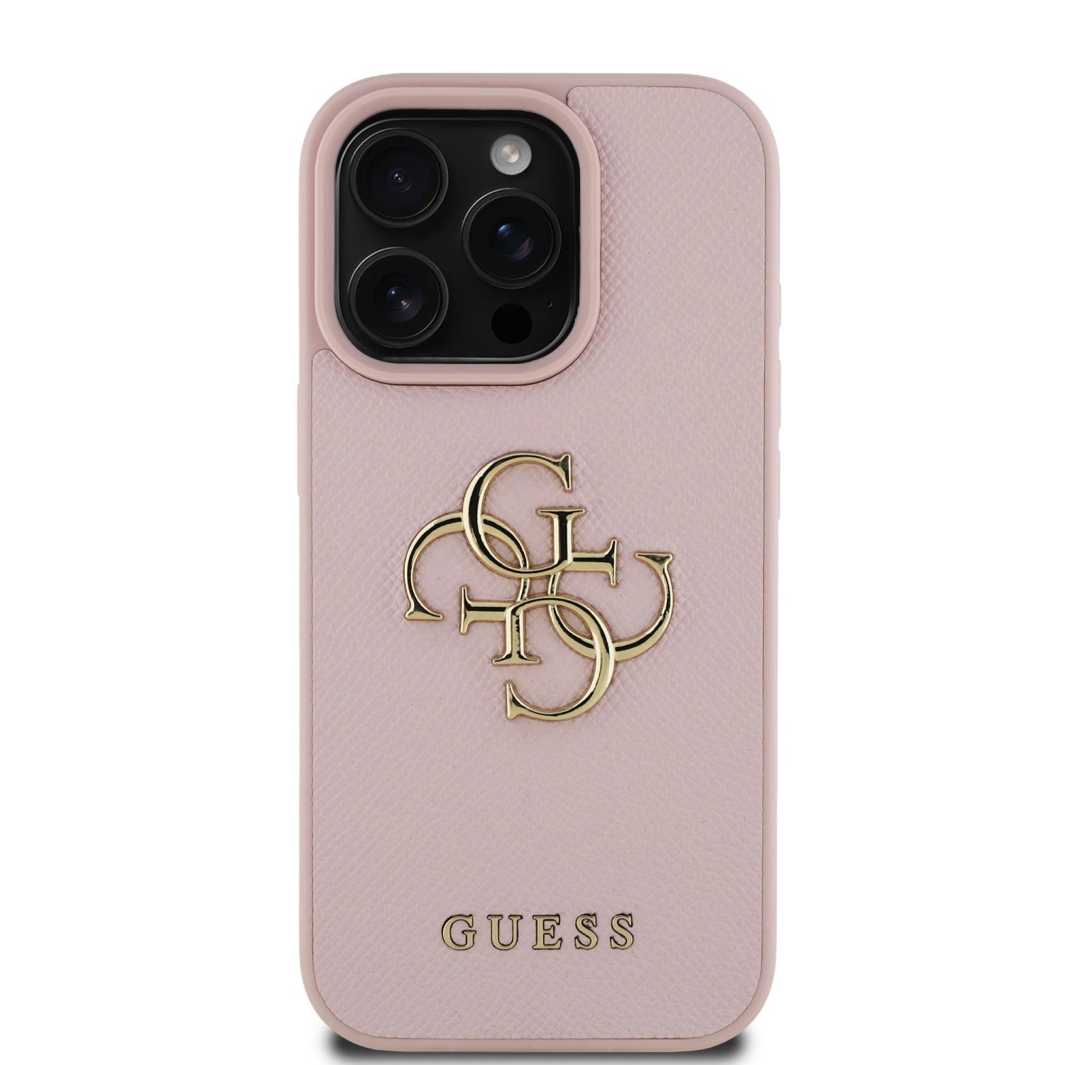 Guess PU Grained 4G Metal Logo Zadní Kryt pro iPhone 15 Pro Pink