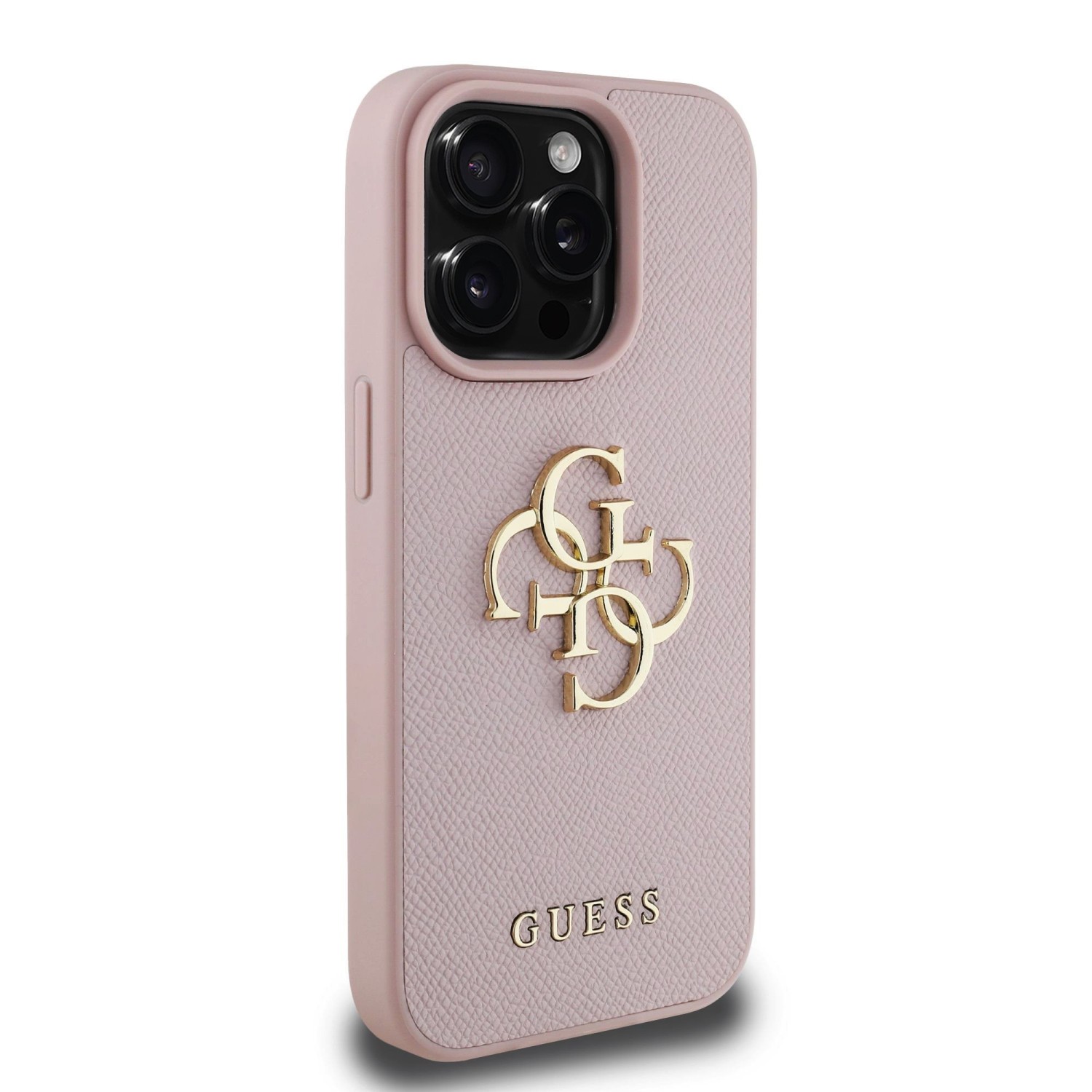 Guess PU Grained 4G Metal Logo Zadní Kryt pro iPhone 15 Pro Pink