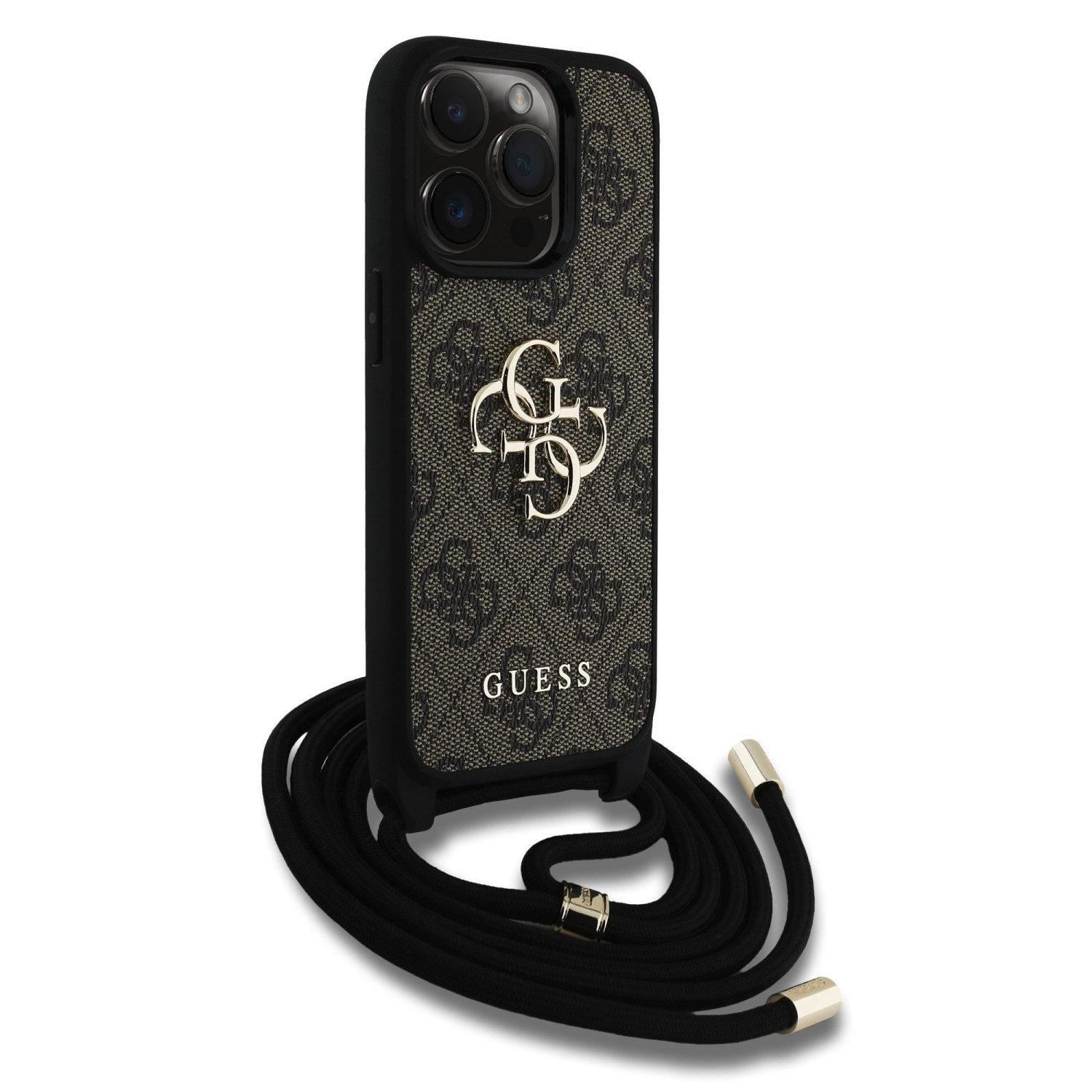 Guess PU 4G Metal Logo Crossbody Popruh Zadní Kryt pro iPhone 15 Pro Brown