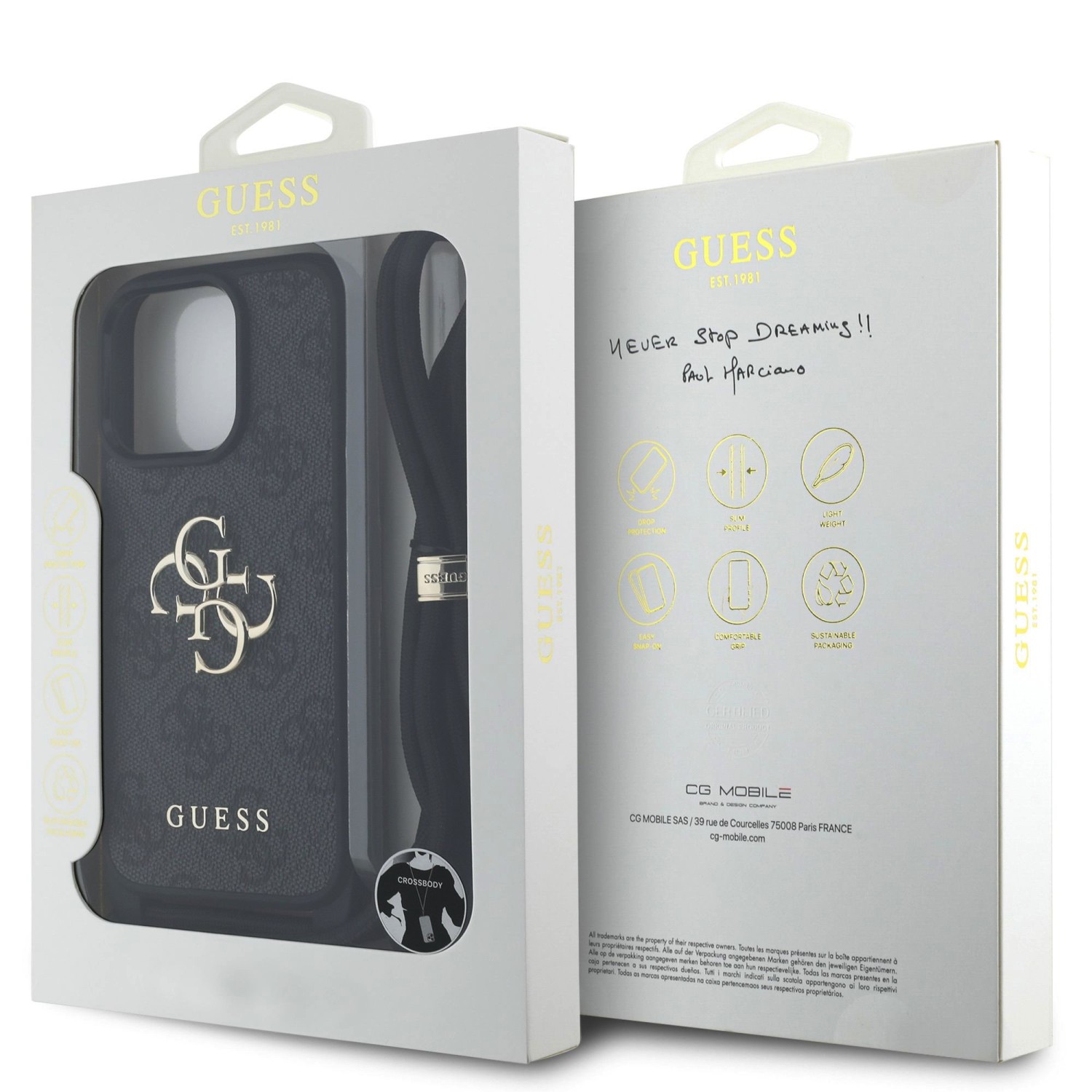 Guess PU 4G Metal Logo Crossbody Popruh Zadní Kryt pro iPhone 15 Pro Black