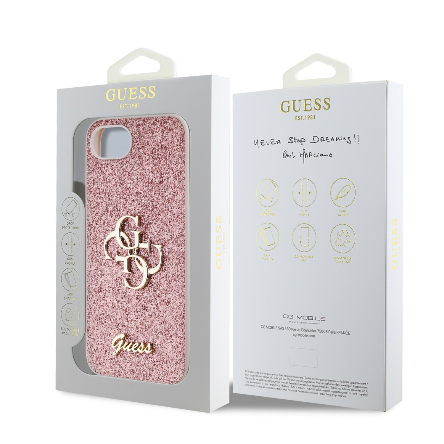 Guess PU Fixed Glitter 4G Metal Logo Zadní Kryt pro iPhone SE4 Pink