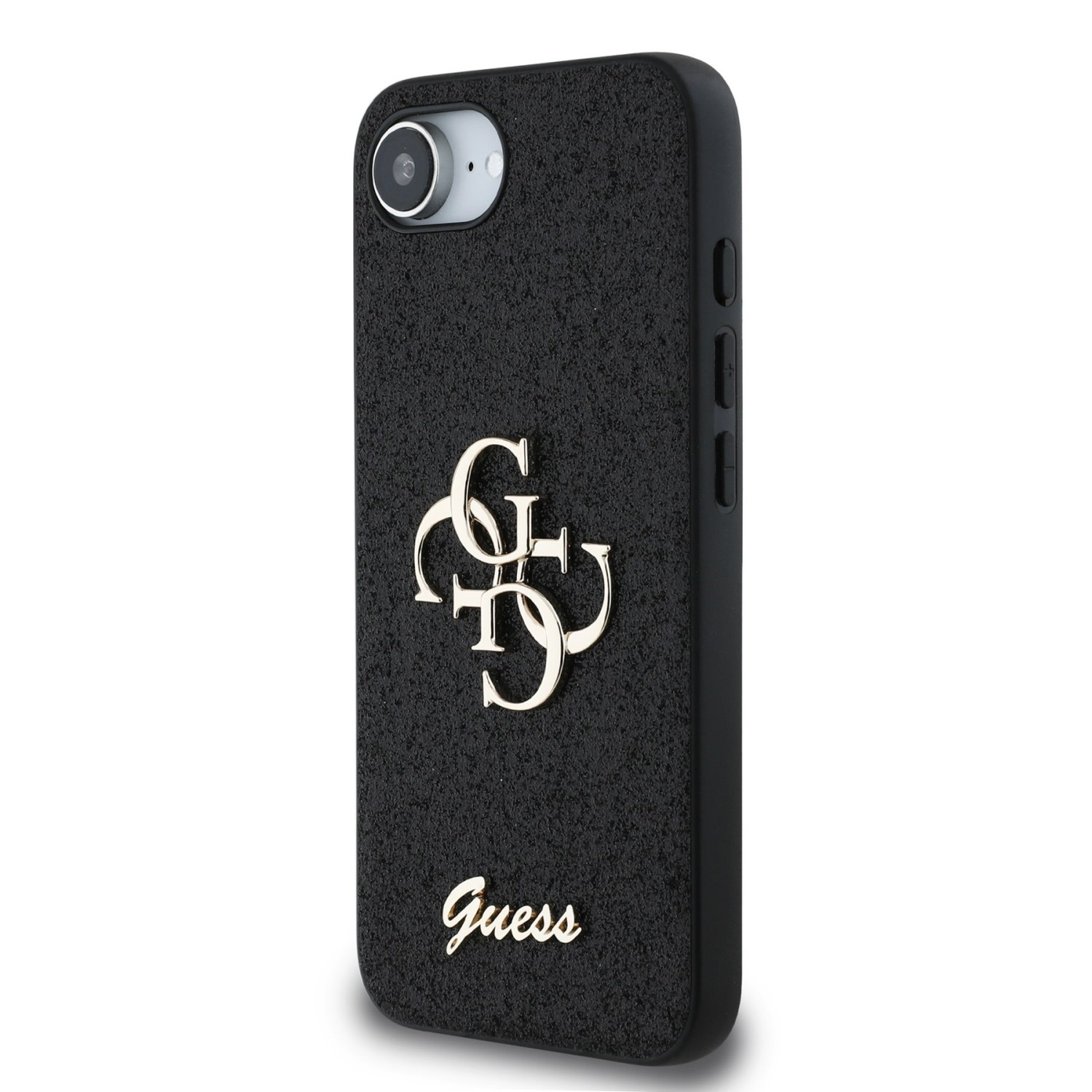 Guess PU Fixed Glitter 4G Metal Logo Zadní Kryt pro iPhone SE4 Black