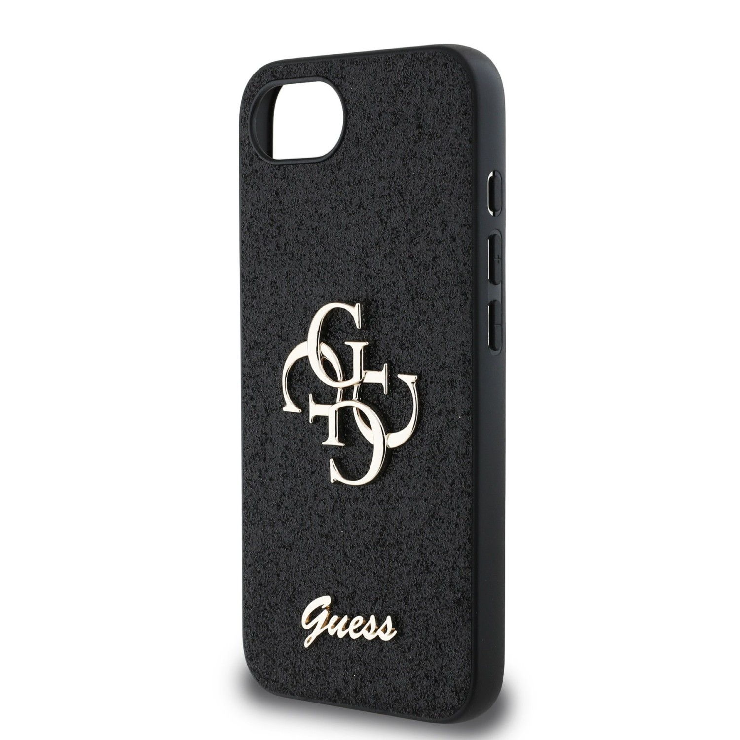 Guess PU Fixed Glitter 4G Metal Logo Zadní Kryt pro iPhone SE4 Black