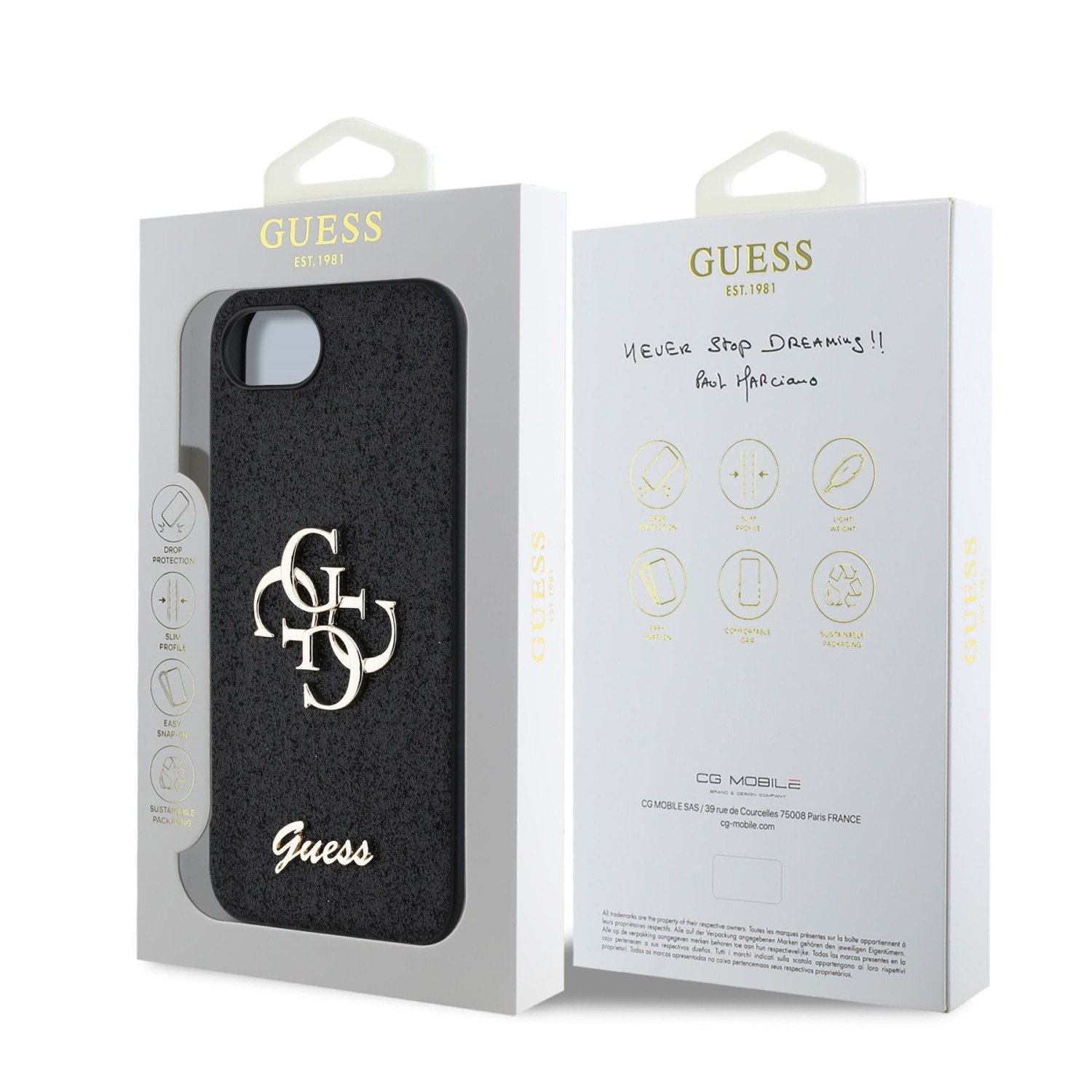 Guess PU Fixed Glitter 4G Metal Logo Zadní Kryt pro iPhone SE4 Black