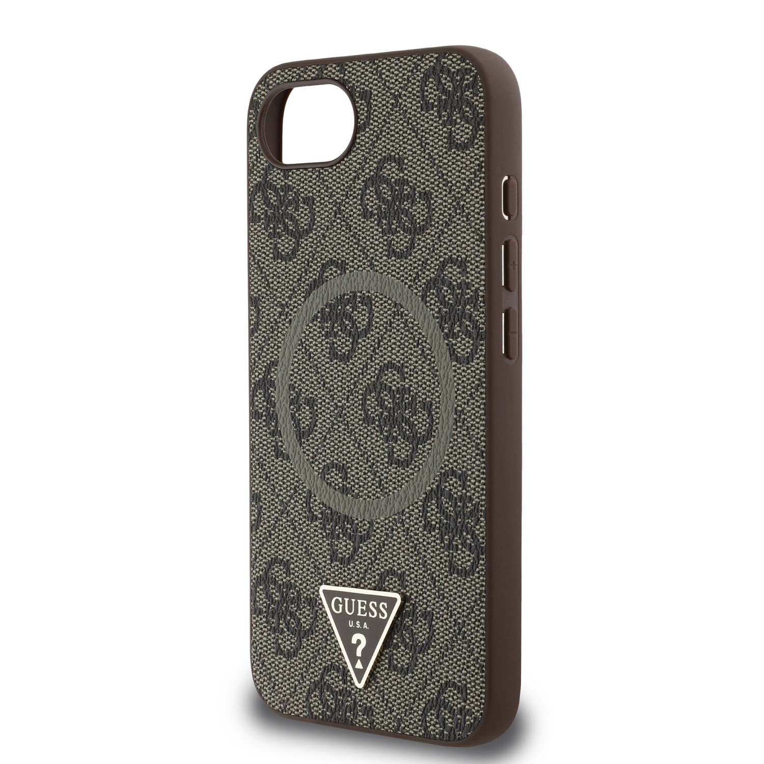 Guess PU 4G Strass Triangle Metal Logo Zadní Kryt pro iPhone SE4 Brown