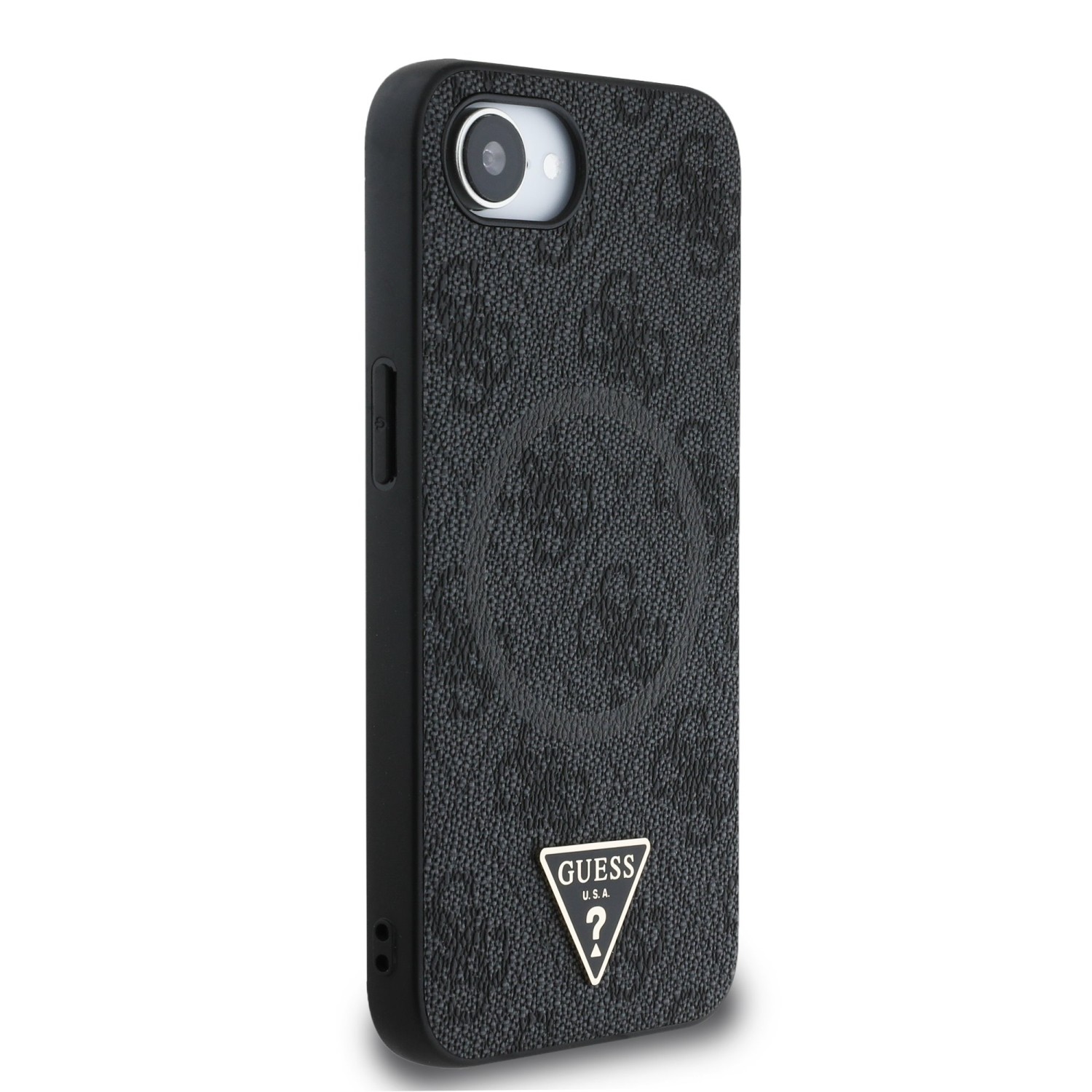 Guess PU 4G Strass Triangle Metal Logo Zadní Kryt pro iPhone SE4 Black