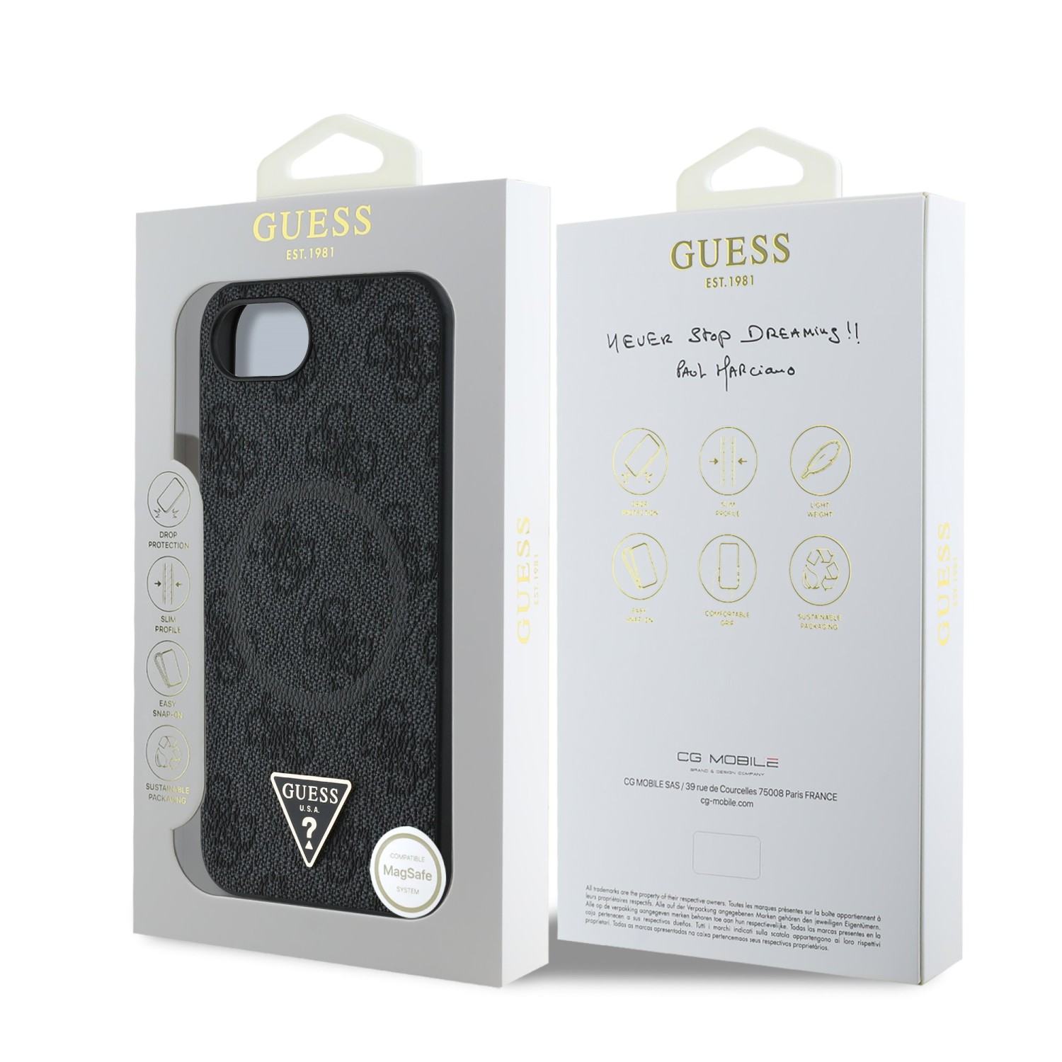 Guess PU 4G Strass Triangle Metal Logo Zadní Kryt pro iPhone SE4 Black