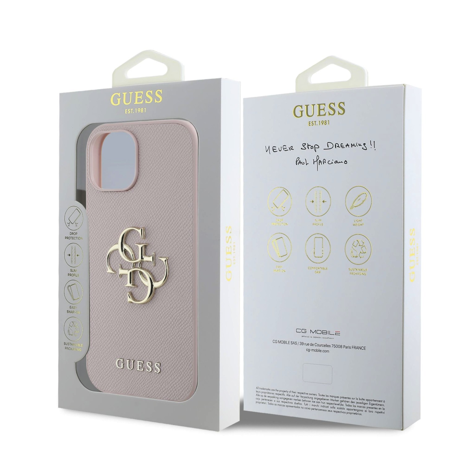 Guess PU Grained 4G Metal Logo Zadní Kryt pro iPhone 15 Pink