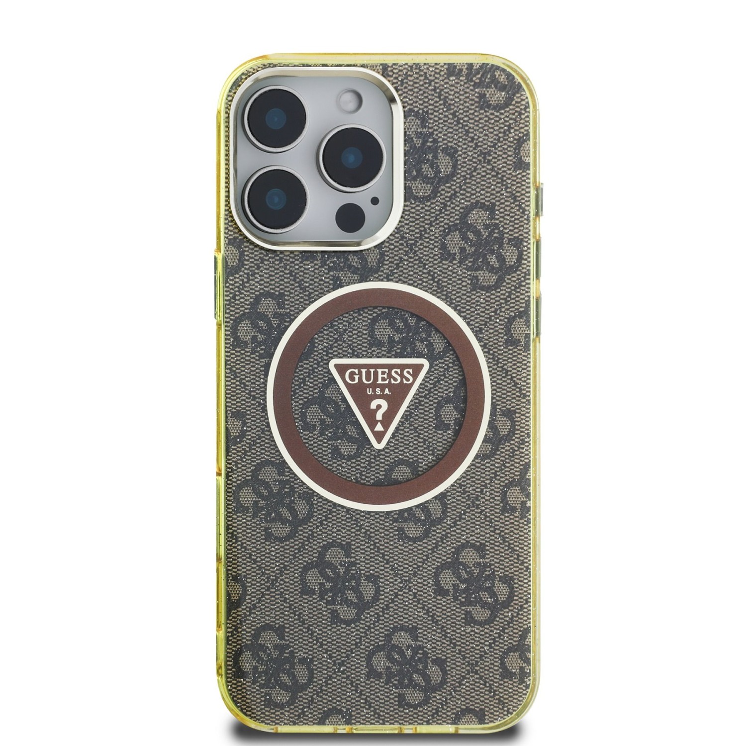 Guess IML 4G Glitter and Triangle Logo MagSafe Zadní Kryt pro iPhone 16 Pro Brown