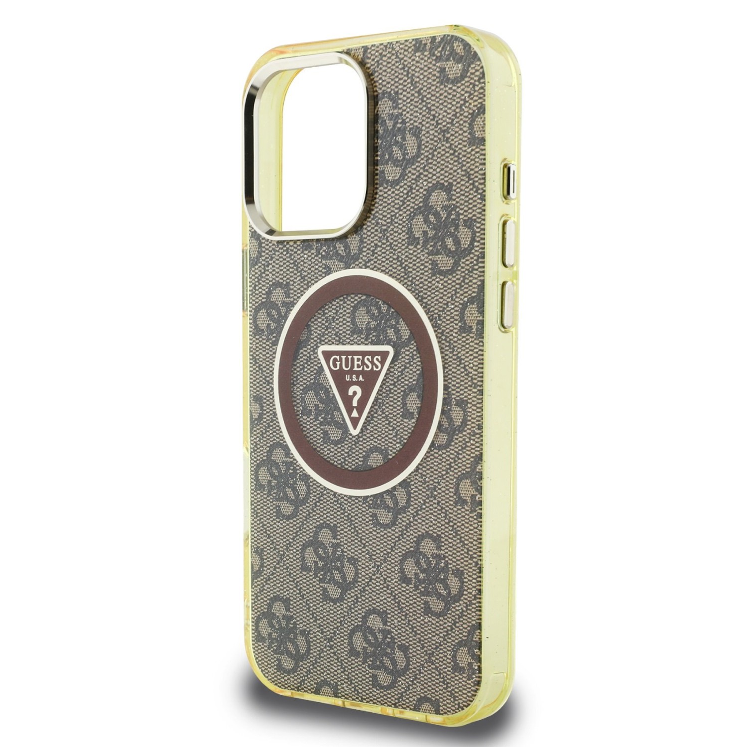 Guess IML 4G Glitter and Triangle Logo MagSafe Zadní Kryt pro iPhone 16 Pro Brown