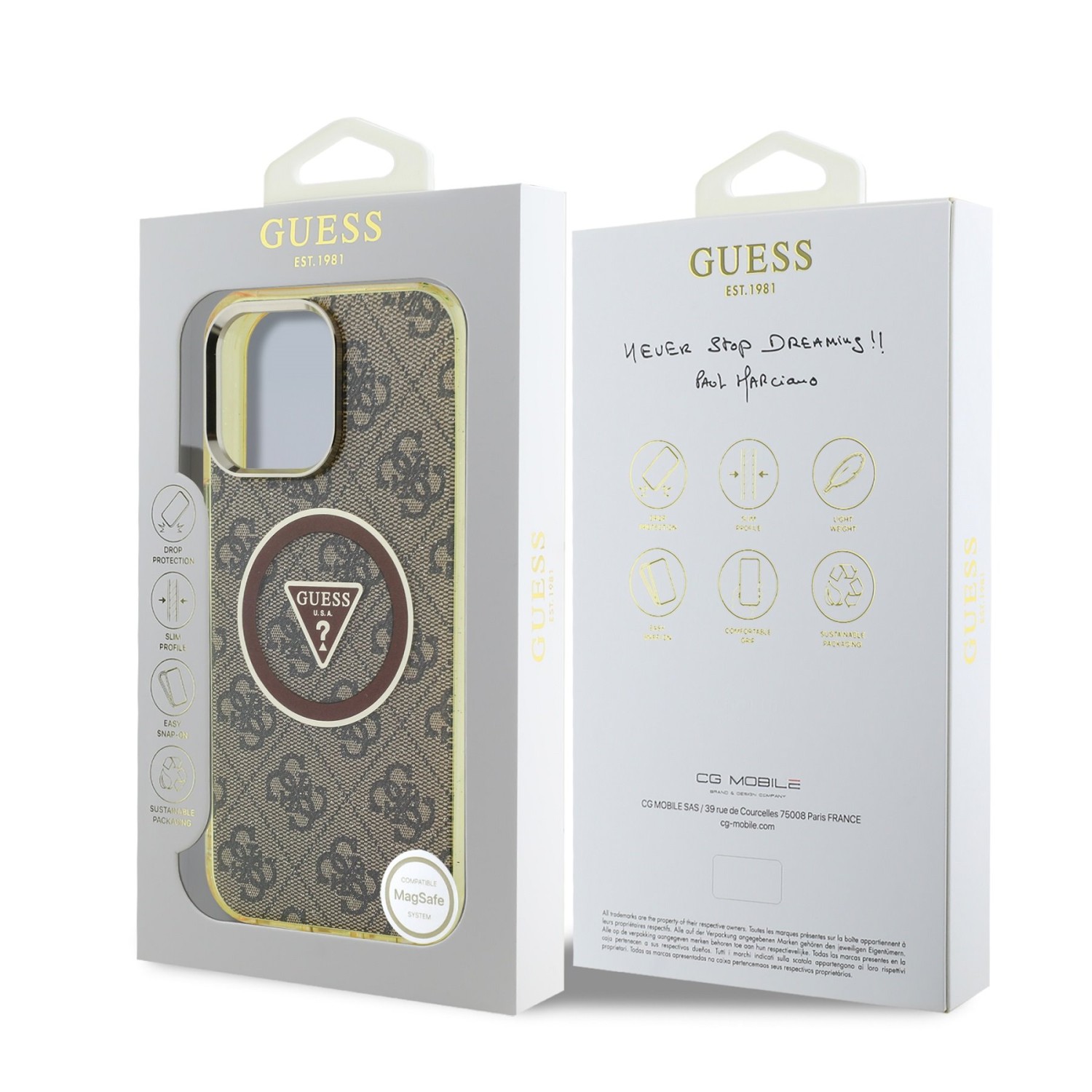 Guess IML 4G Glitter and Triangle Logo MagSafe Zadní Kryt pro iPhone 16 Pro Brown