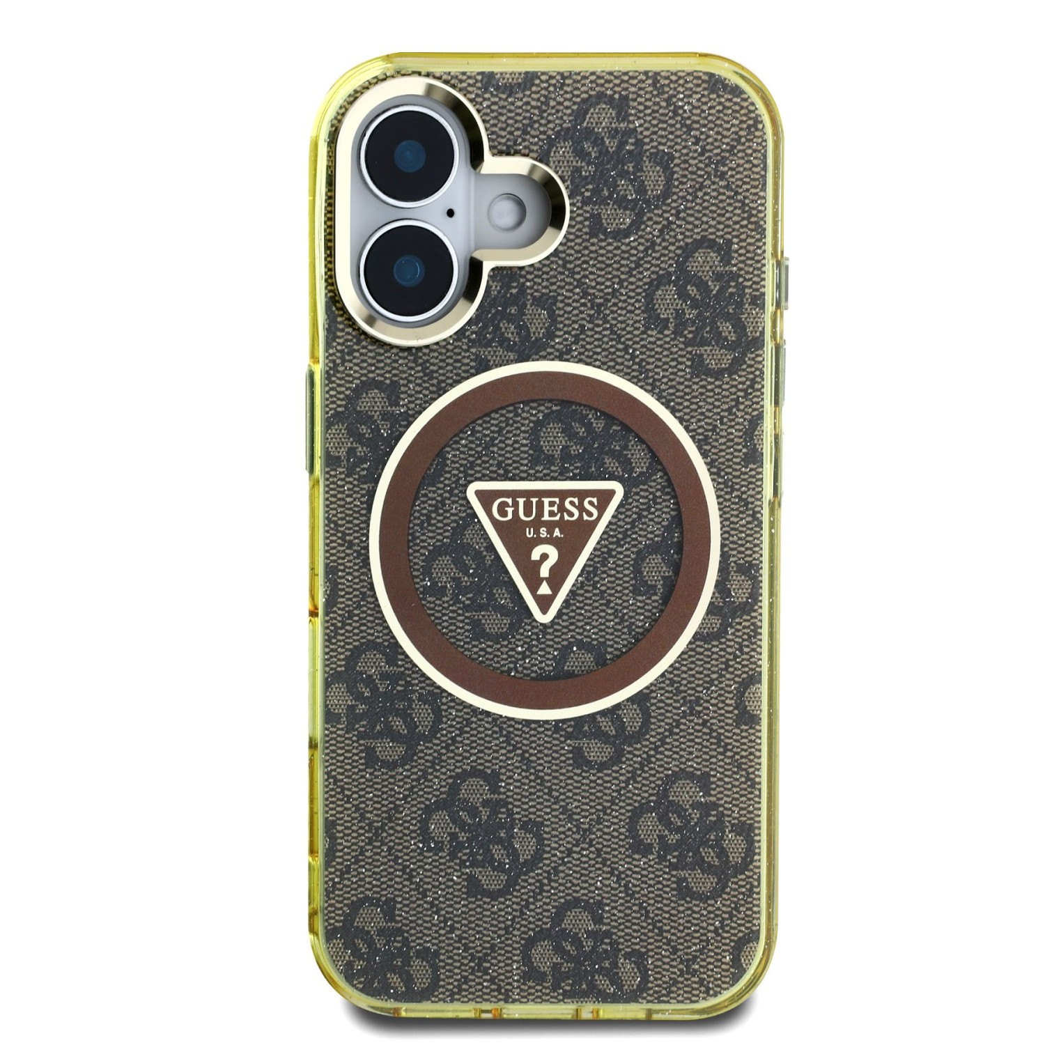 Guess IML 4G Glitter and Triangle Logo MagSafe Zadní Kryt pro iPhone 16 Brown