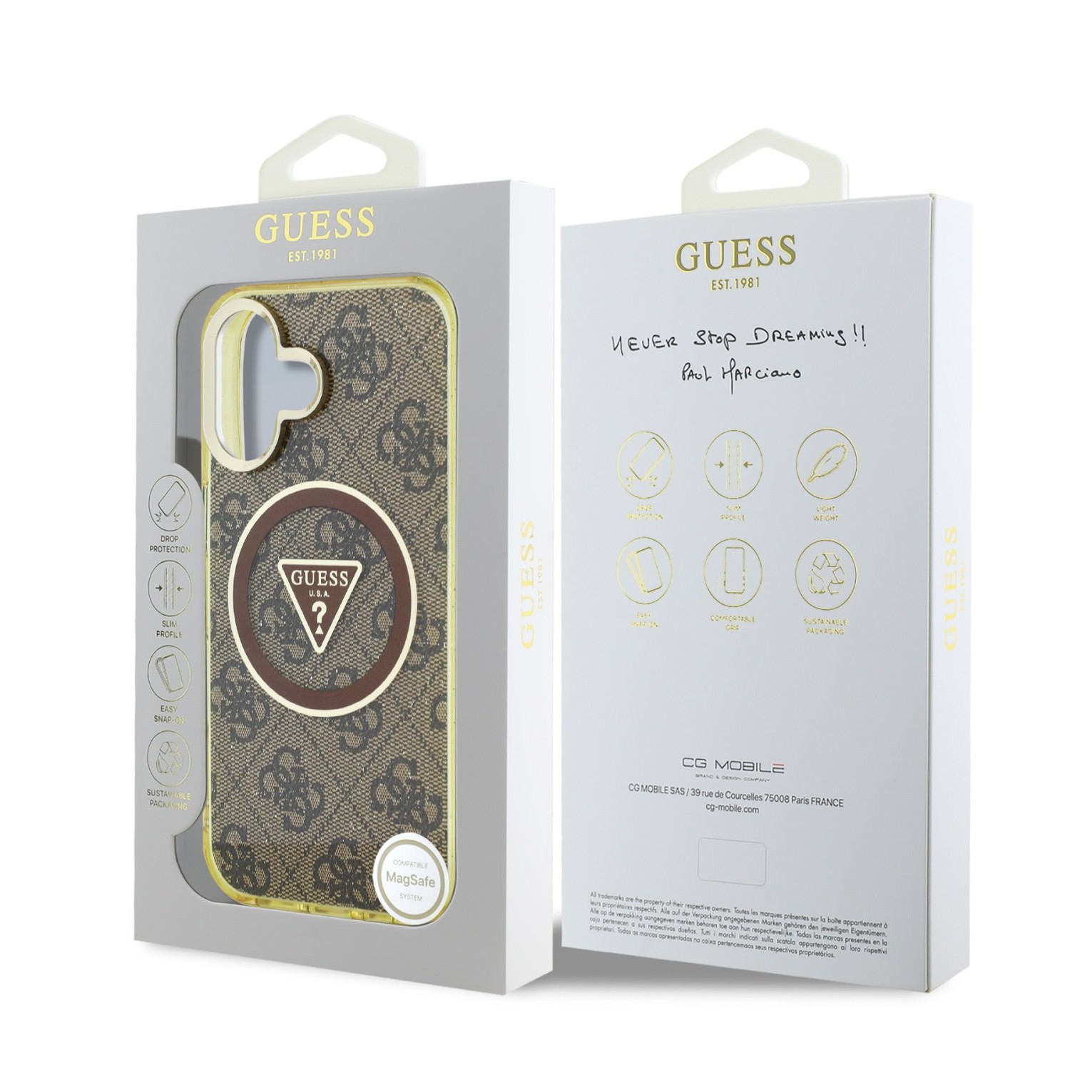 Guess IML 4G Glitter and Triangle Logo MagSafe Zadní Kryt pro iPhone 16 Brown