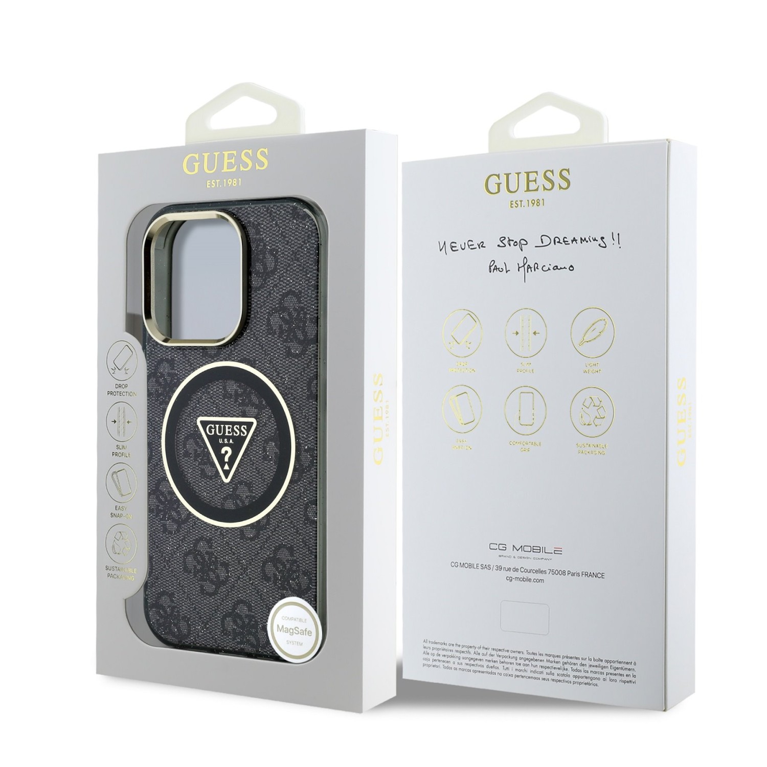 Guess IML 4G Glitter and Triangle Logo MagSafe Zadní Kryt pro iPhone 16 Pro Max Black