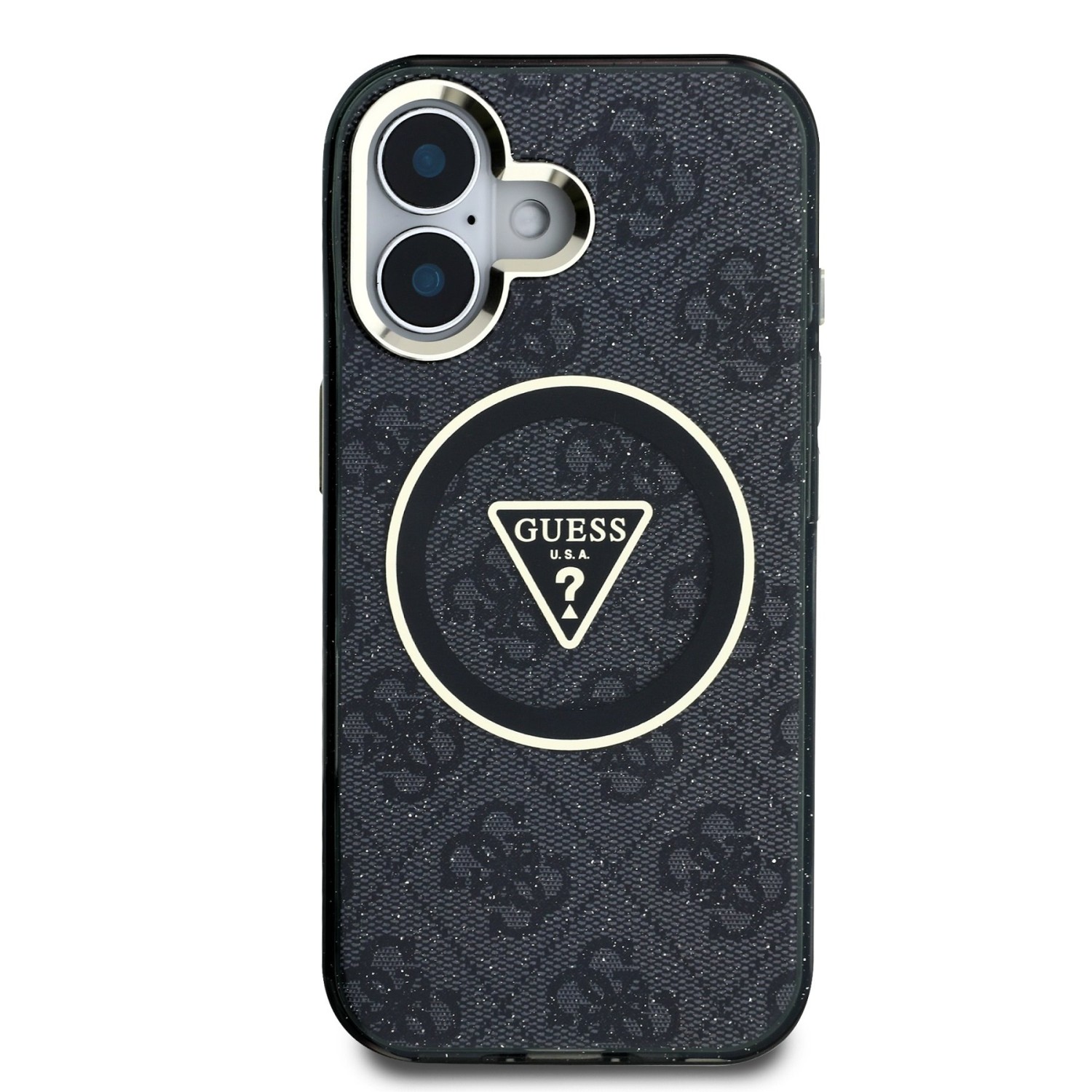 Guess IML 4G Glitter and Triangle Logo MagSafe Zadní Kryt pro iPhone 16 Black