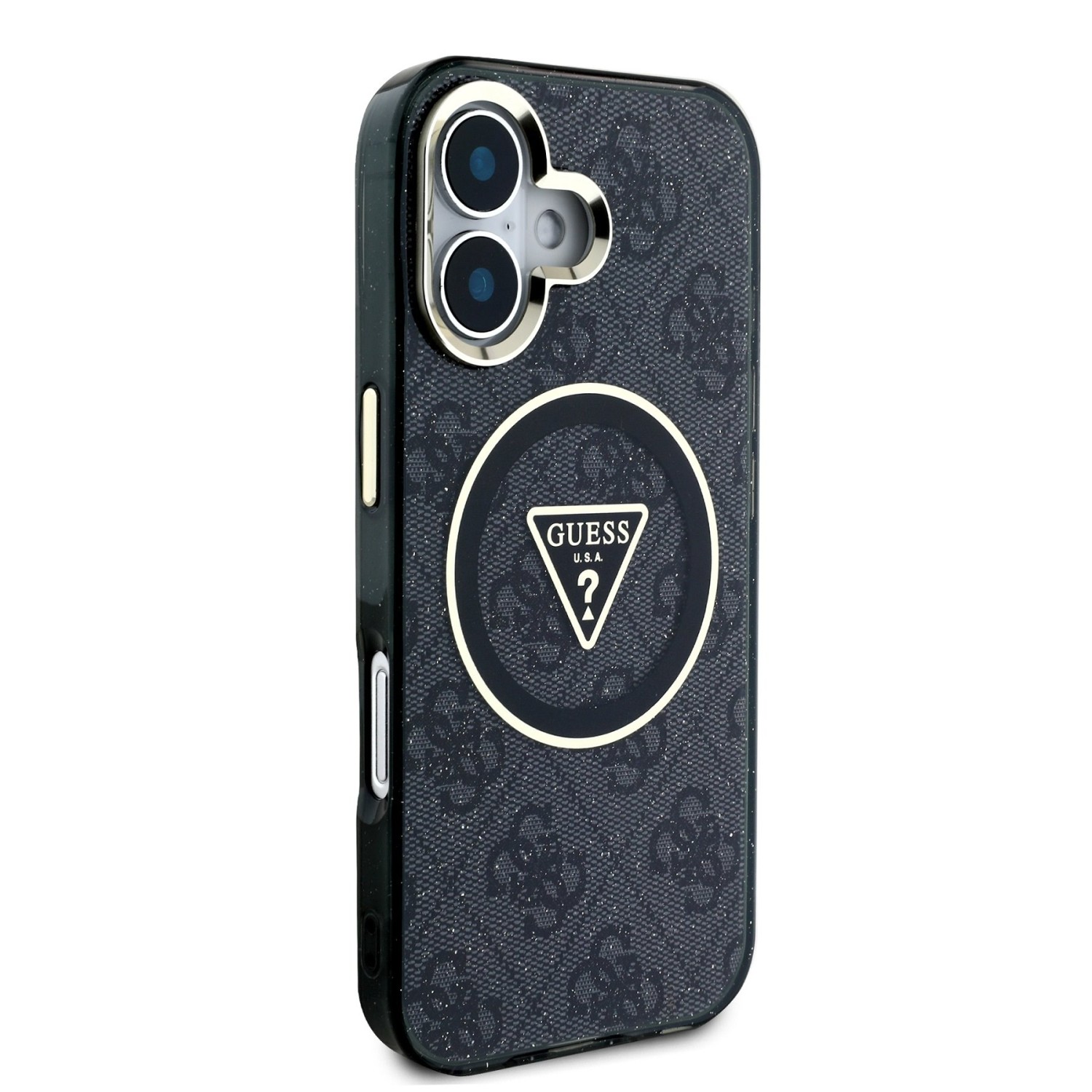 Guess IML 4G Glitter and Triangle Logo MagSafe Zadní Kryt pro iPhone 16 Black