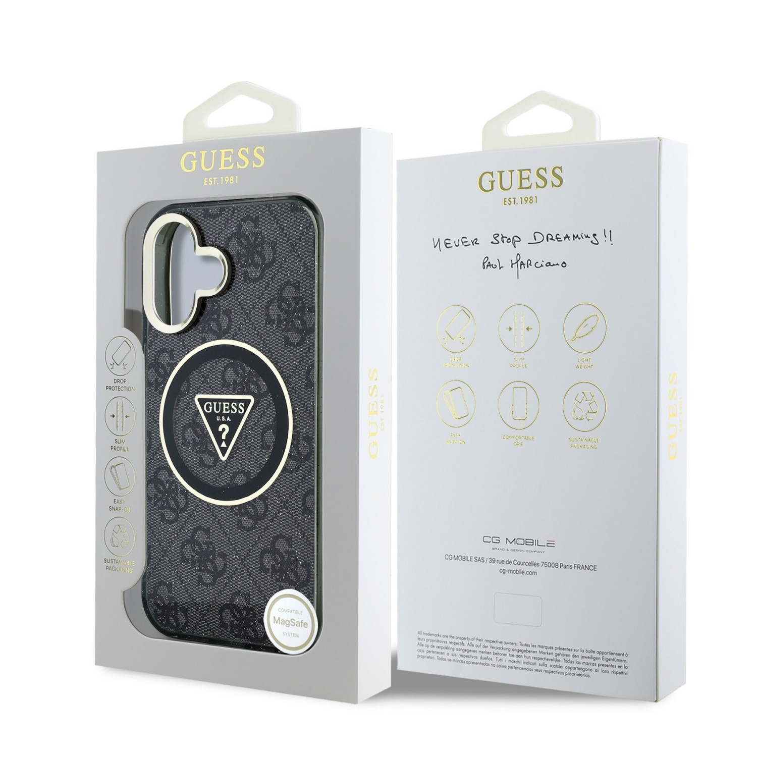 Guess IML 4G Glitter and Triangle Logo MagSafe Zadní Kryt pro iPhone 16 Black