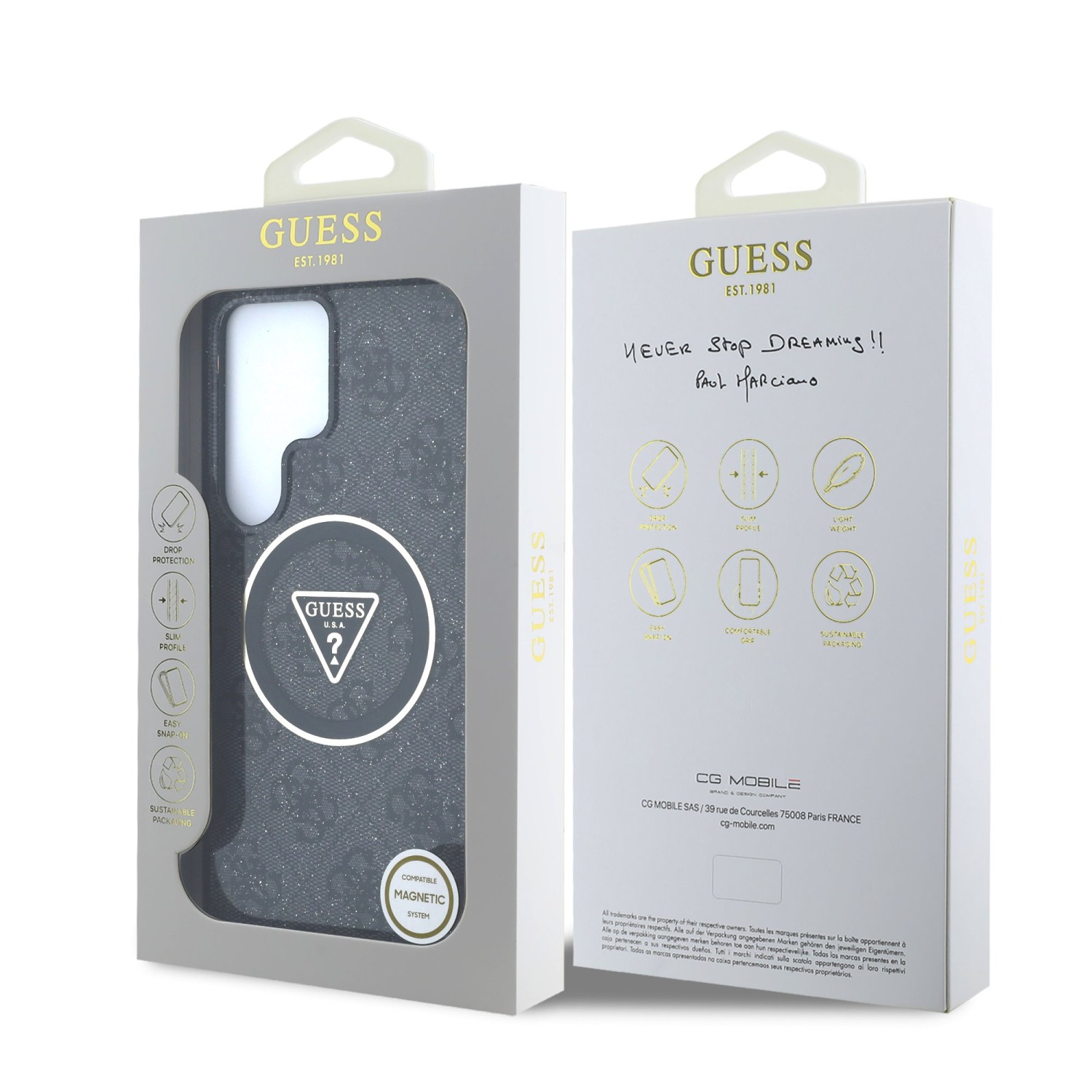 Guess IML 4G Glitter and Triangle Logo MagSafe Zadní Kryt pro Samsung Galaxy S25 Ultra Black
